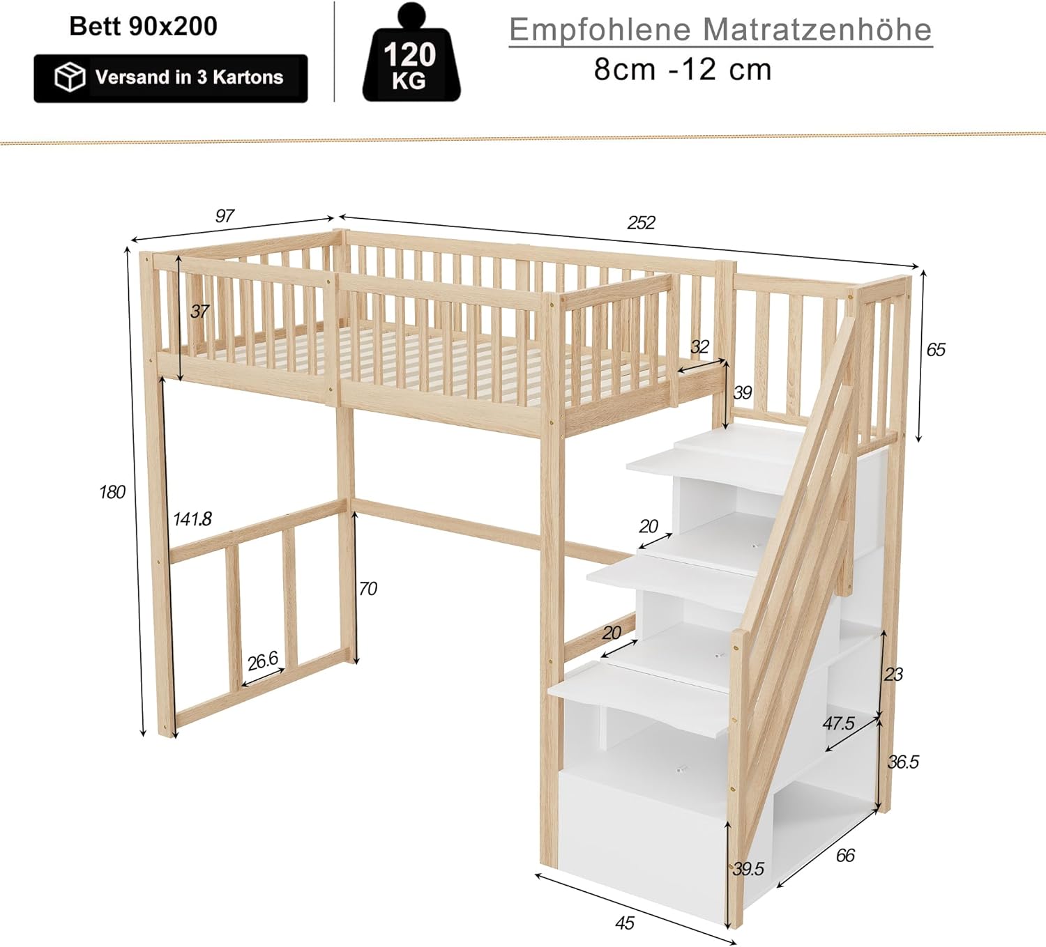Moimhear Hochbett 90x200cm mit Sicherheits-Aufbewahrungsleiter, Bettgestell aus massivem Kiefernholz für Kinder und Jugendliche (Holzfarbe + Weiß)