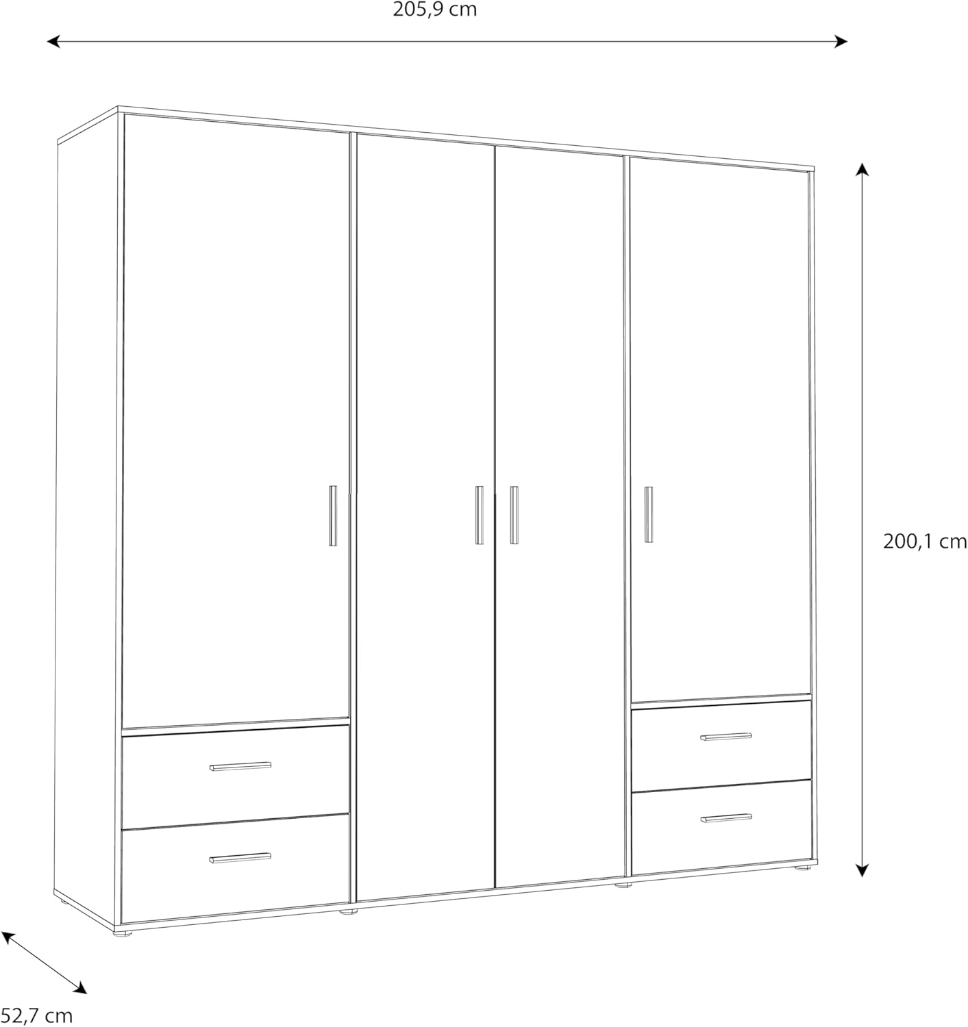FORTE Jupiter Schrank 200 210, Kleiderschrank, Drehtürenschrank, 4-türig, mit 4 Schubladen und Einlegeböden, Schwarz mit Holz Dekor: Catania Eiche, 206 cm breit x 53 cm tief x 200 cm hoch