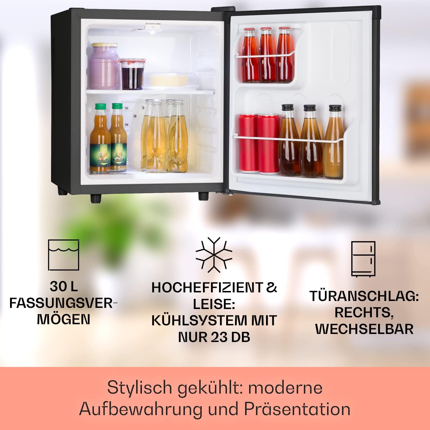 Klarstein Mini Kühlschrank für Zimmer, 30L Mini-Kühlschrank für Getränke, Snacks & Kosmetik, Kleine Minibar, Kühlschrank Klein & Leise, Kleiner Skincare Kühlschrank für Zimmer & Büro 5-15°C