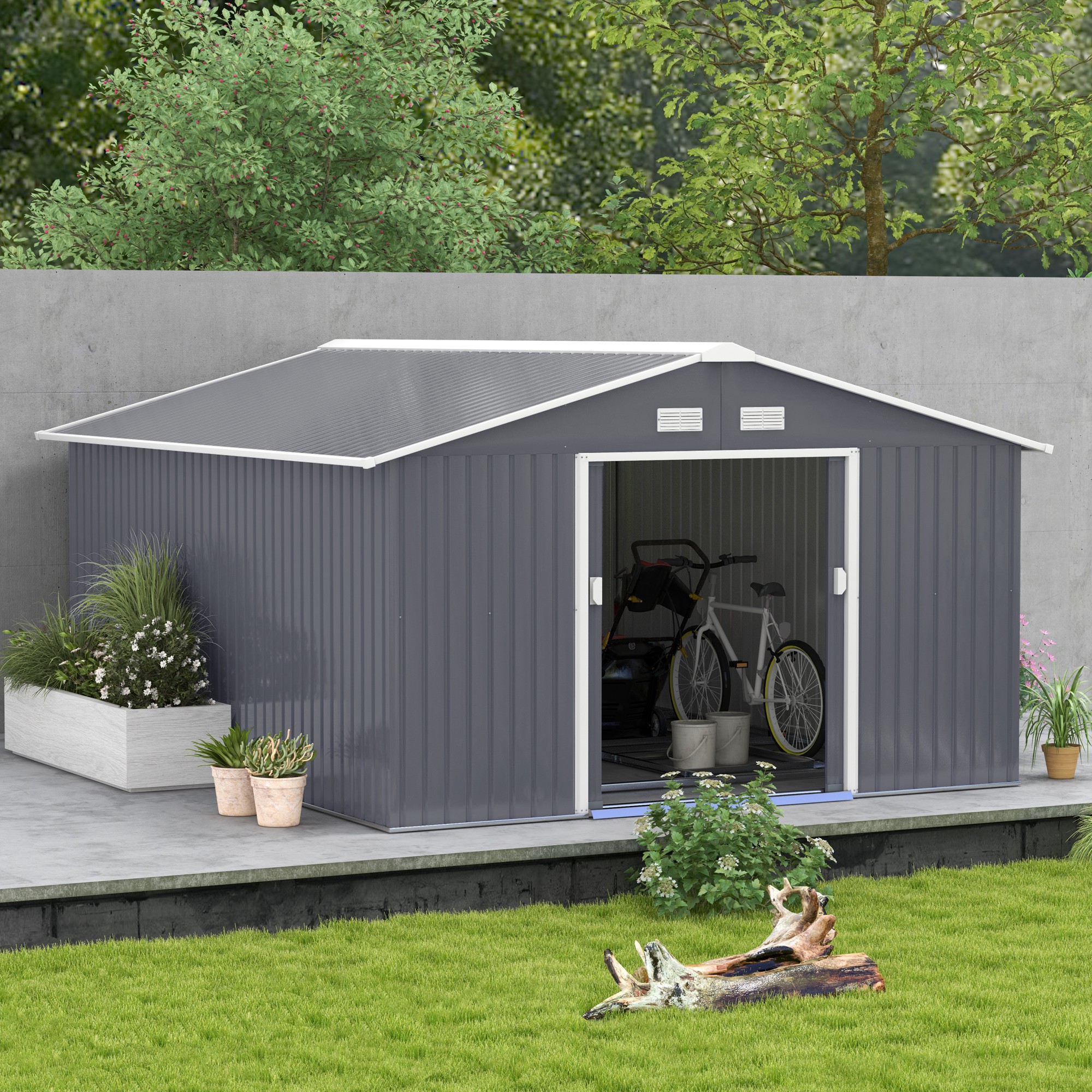 Outsunny Gereedschapsschuur met fundering 24,5 m3 gereedschapsschuur tuinhuisje stalen schuifdeur