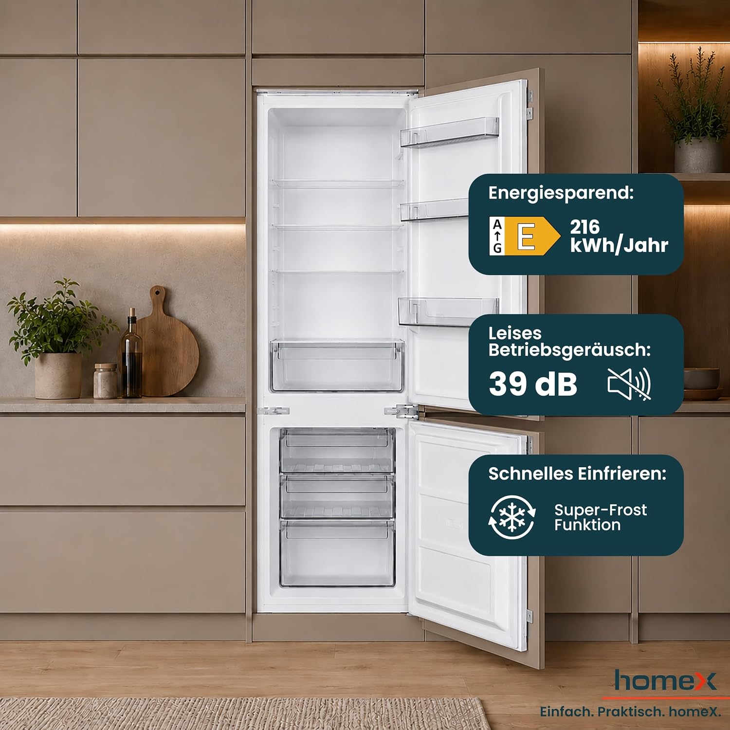 homeX CFB2491E Einbaukühlschrank mit Gefrierfach, Einbau Kühl Gefrierkombination, 178cm Nische - 249 Liter, Schlepptürtechnik, LED-Beleuchtung, leise 39 dB, Türanschlag wechselbar, 4-Sterne Gefrieren