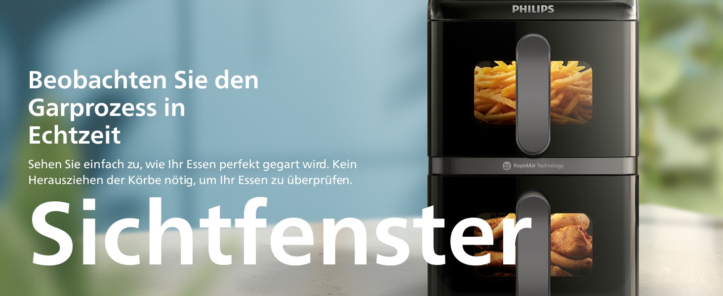 Der Text lautet „Sichtfenster“. Geteiltes Bild, das Fensteransichten bei Sonnenuntergang oder natürliches Licht durch Glasscheiben zeigt.