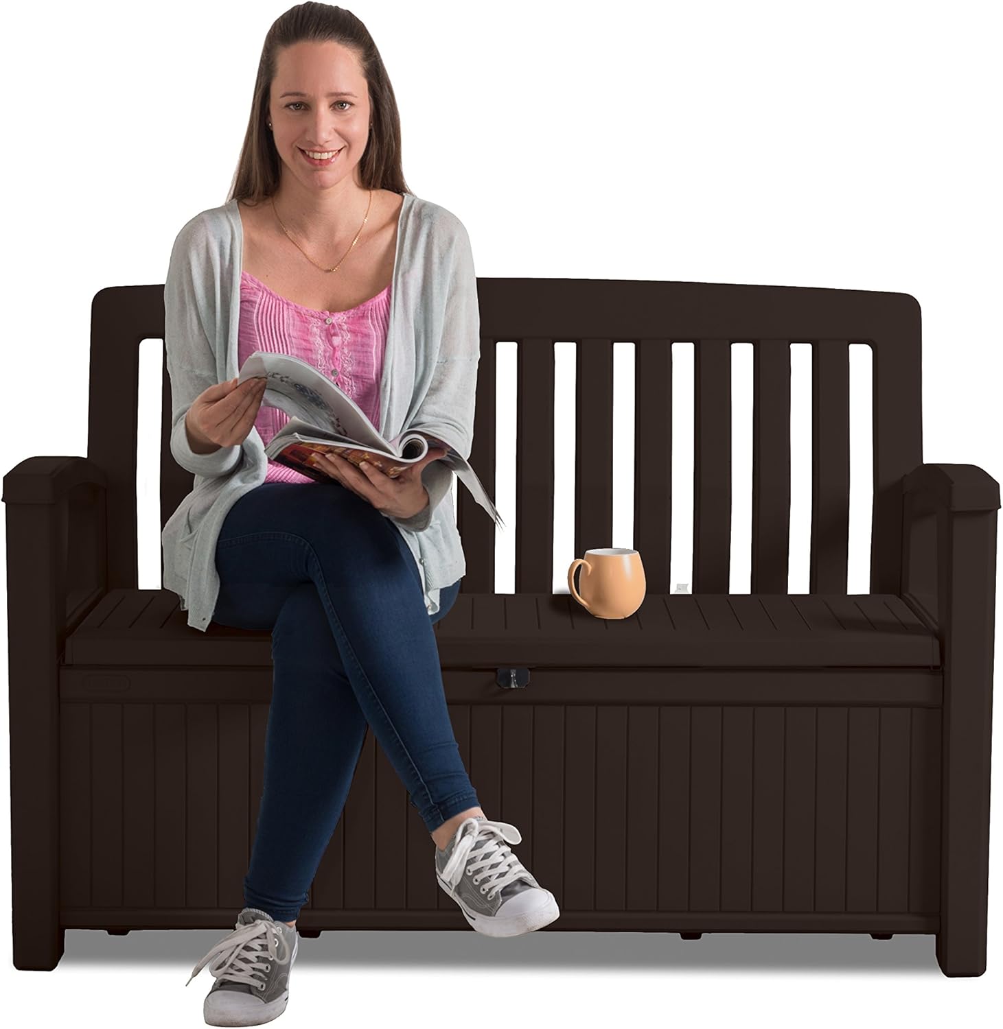 Keter Kissenbox, regenfest, Gartenkissenbox Patio Bank, Espresso braun, 138,6 x 63,5 x 88 cm, 227 L, Kissenbox wetterfest
