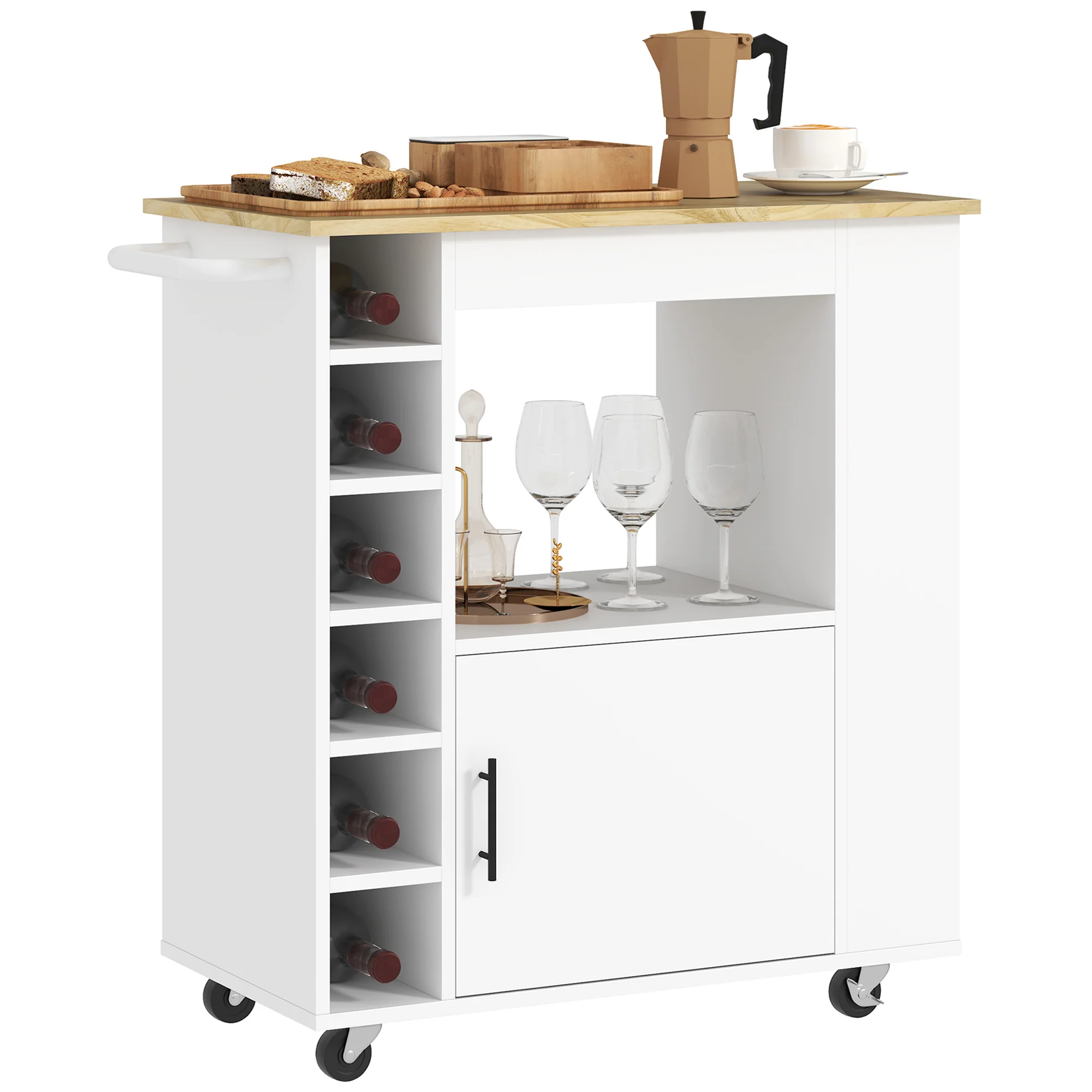 HOMCOM Keukentrolley, Rolbare Keukeneiland, Keuken-Trolley met Vakken, Wijnrekken, Kast en Werkblad, Wit