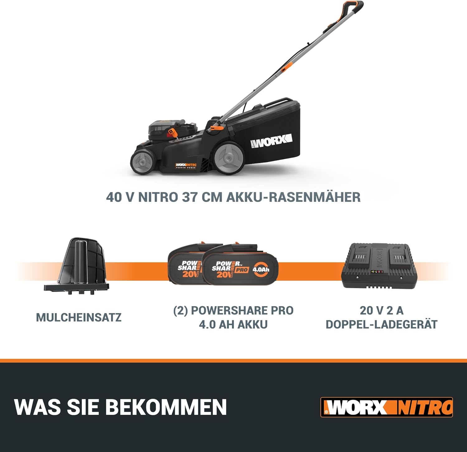 WORX WG737E Nitro Akku-Rasenmäher 40V(2x20V) - leistungsstarke bürstenloser Motor - 37cm Schnittbreite - 6 Schnitthöhenstufe (20-70mm) - 40L Grasfangsack - inkl. 2x4Ah Akkus & Dual-Ladengerät