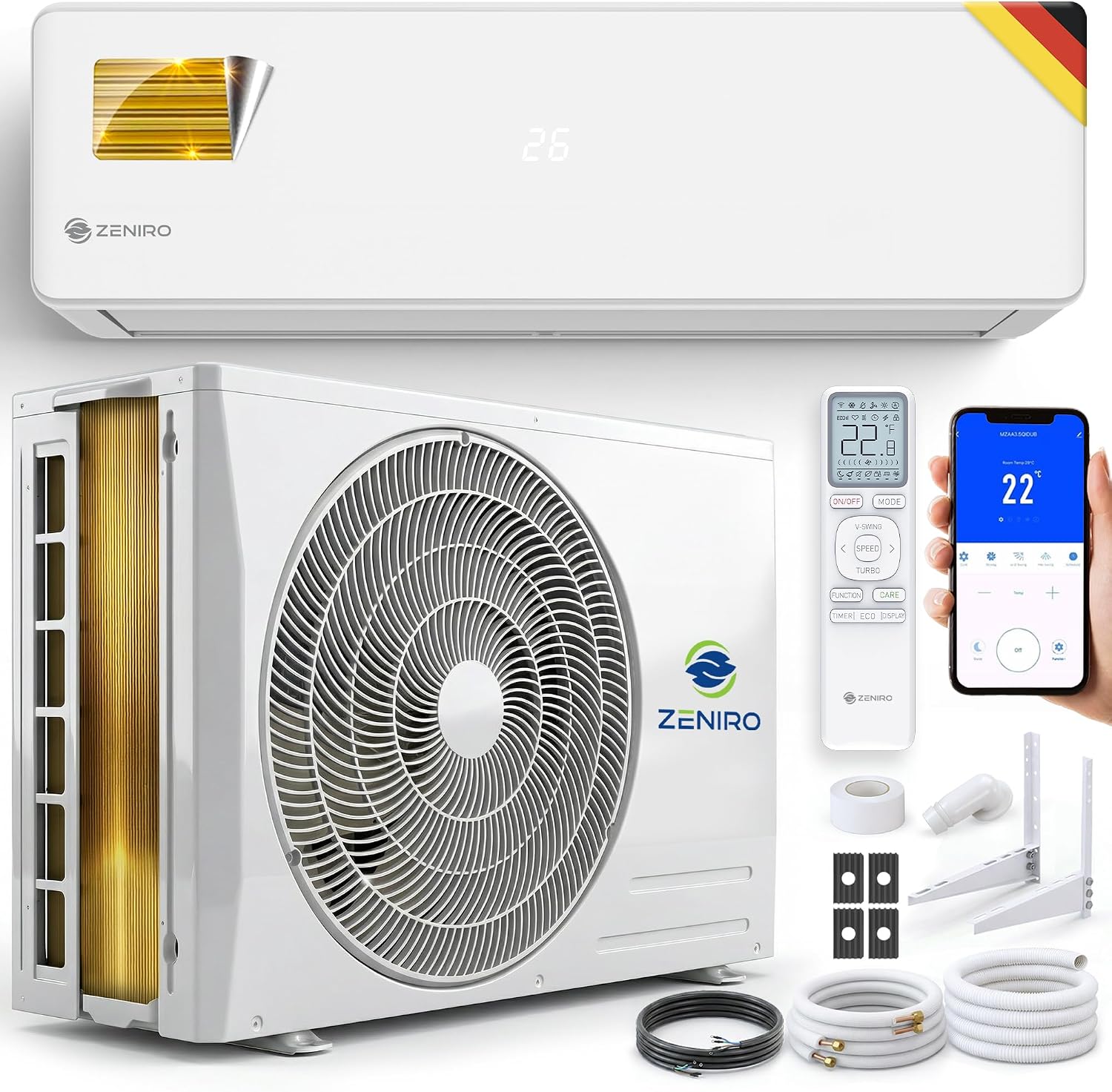 Split Klimaanlage 18000 BTU Set - TURBO Cooling - mit Ionisator & WiFi/App-Funktion Klimagerät Kühlen A++/Heizen A+ 5,2kW Sehr Leise - Fernbedienung, Timerfunktion - Montagematerial