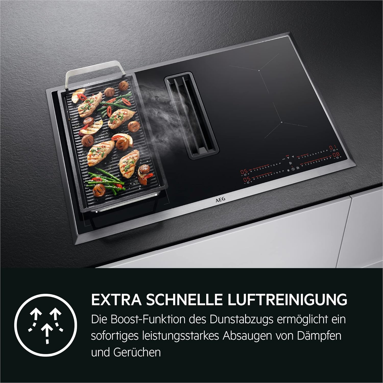 AEG Induktionskochfeld autark 80cm mit Dunstabzug / Made in Germany / 4 Flex-Kochzonen mit Bridge (Kombination 2er Zonen) / Auto-Funktion des Dunstabzugs / Aktivkohlefilter / COLI84COXB