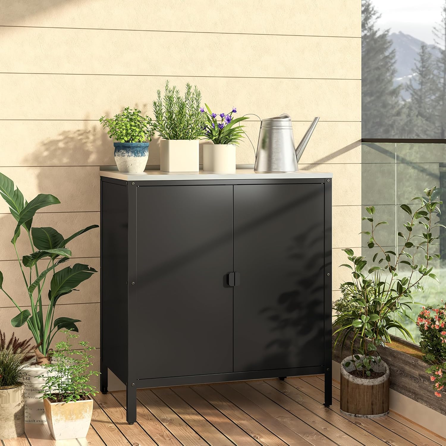 casa.pro Outdoor Schrank Bolognano Gartenschrank Balkonschrank Spind Zwei Türen für Innen- und Außenbereich 92x80x50 cm Schwarz, matt