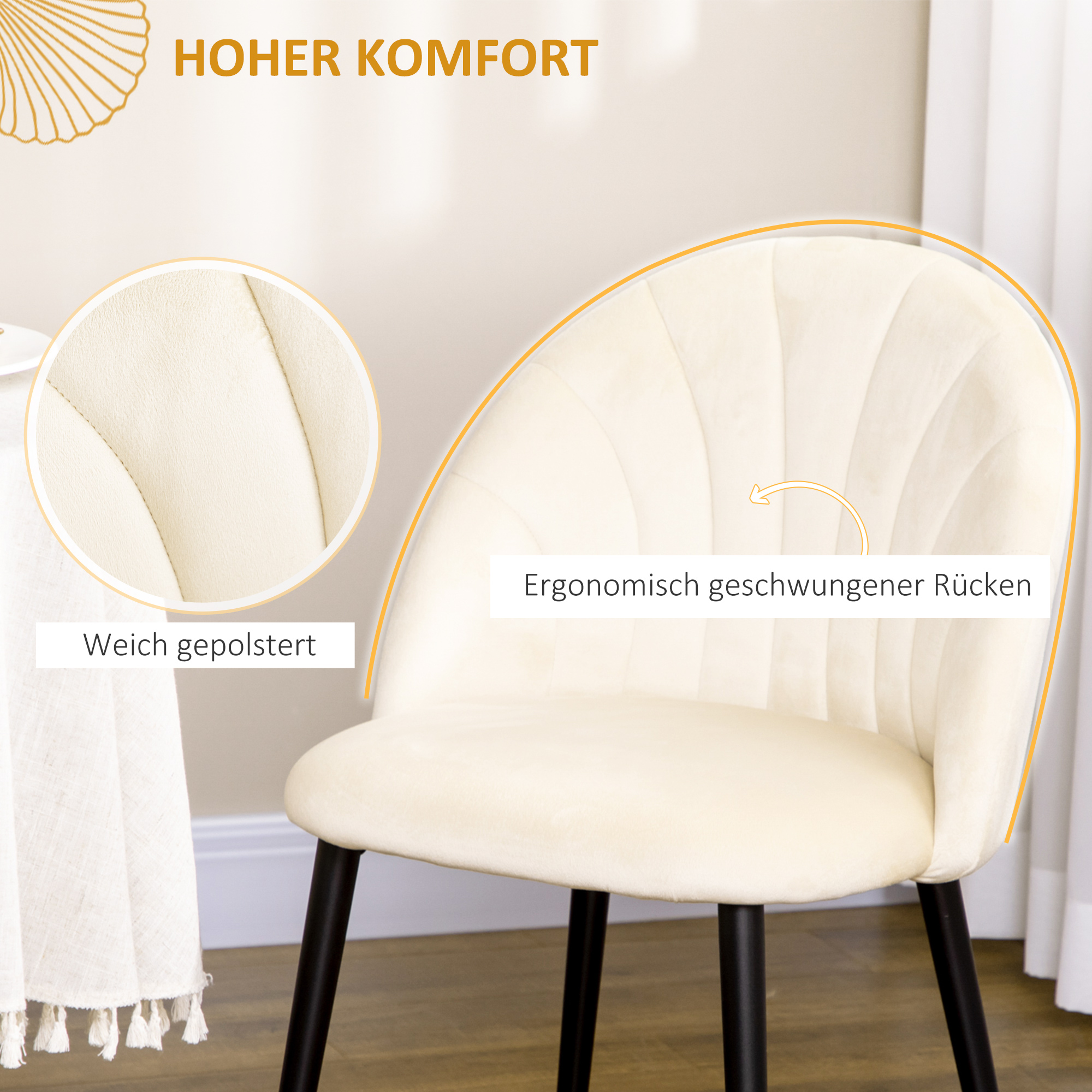 Set van 2 eetkamerstoelen in Scandinavisch design, keukenstoelen, fluweelachtige uitstraling, cr��me + zwart