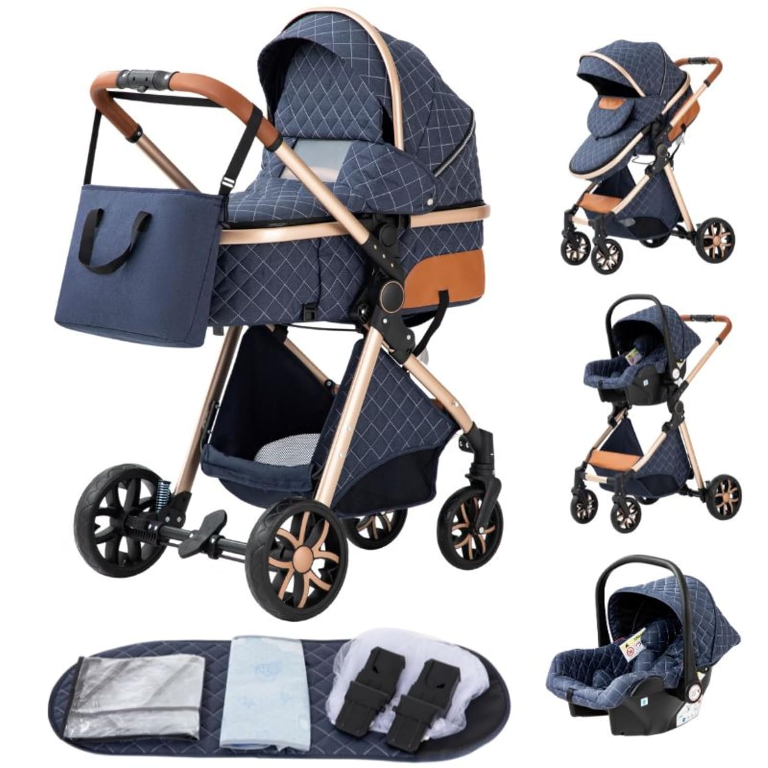 YAZOCO kinderwagen 3 in 1 Buggy Babybett Komplett Set Einem Klick Zusammenklappbarer Kinderwagen, KombiKinderwagen Aluminiumrahmen für Neugeborene (Schwarz)