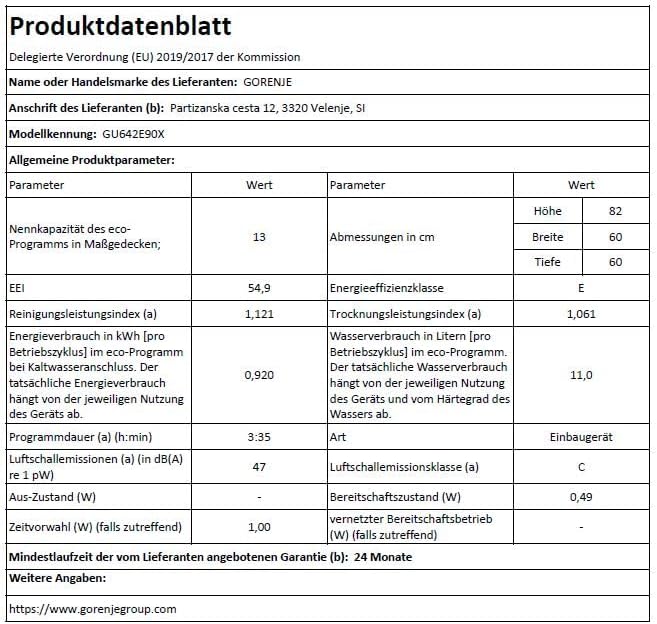 Gorenje GU642E90X Geschirrspüler/Unterbaugerät/59,9 breite/13 Maßgedecke/6 Programme/Total AquaStop/Ecoprogramm/Höhenverstellbar/Memory Funktion/Eco-Programm/Intensivprogramm/EEK: E/Grau-Metallic