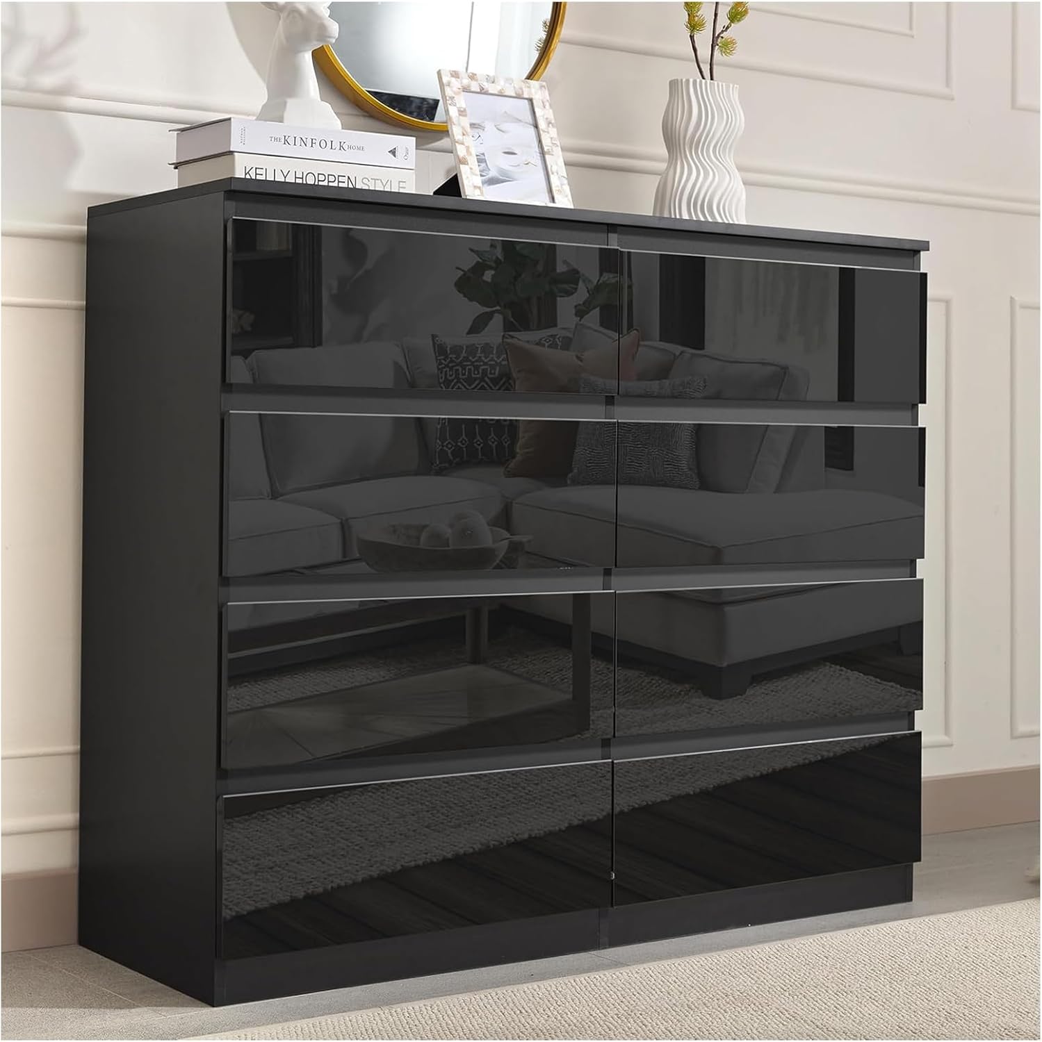 HTI living Sideboard Kenji 8 Schubladen Hochglanz Schwarz Kommode