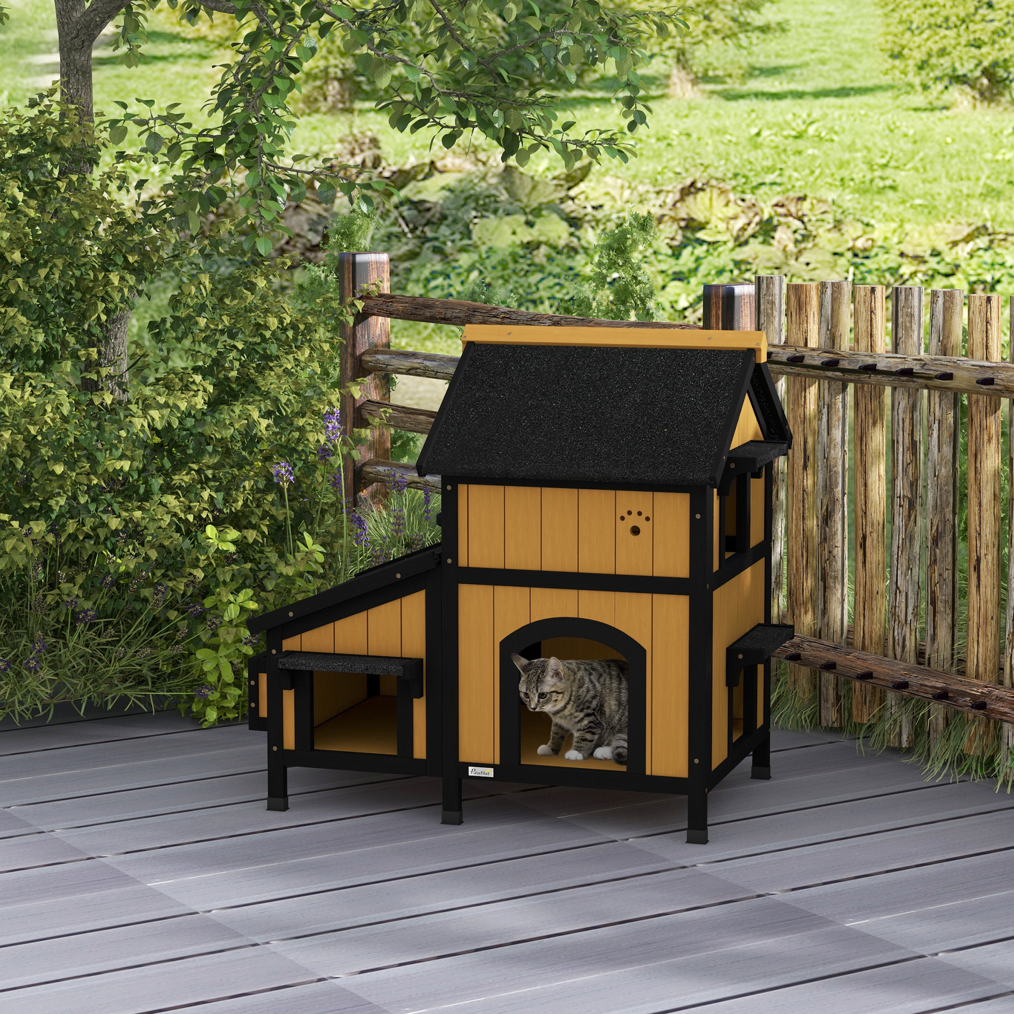 Kattenhuis Kattenhut Kattenhol, inclusief bloembak, 96 cm x 65 cm x 85,5 cm, Geel + Wit + Zwart