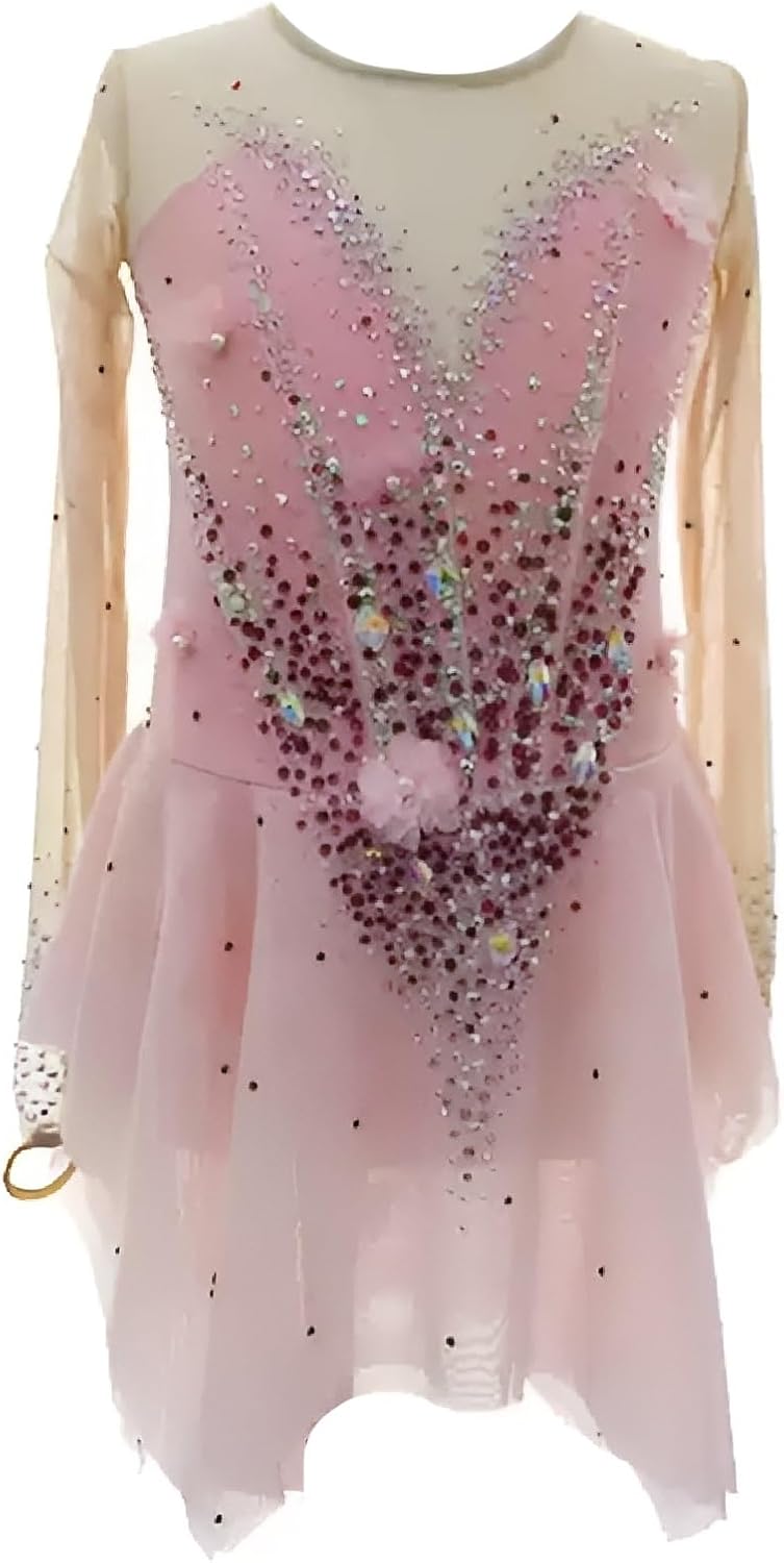Eiskunstlaufkleid for Mädchen, elastischer Tanzwettkampf-Einteiler, Eislauf-Outfit mit Strasssteinen