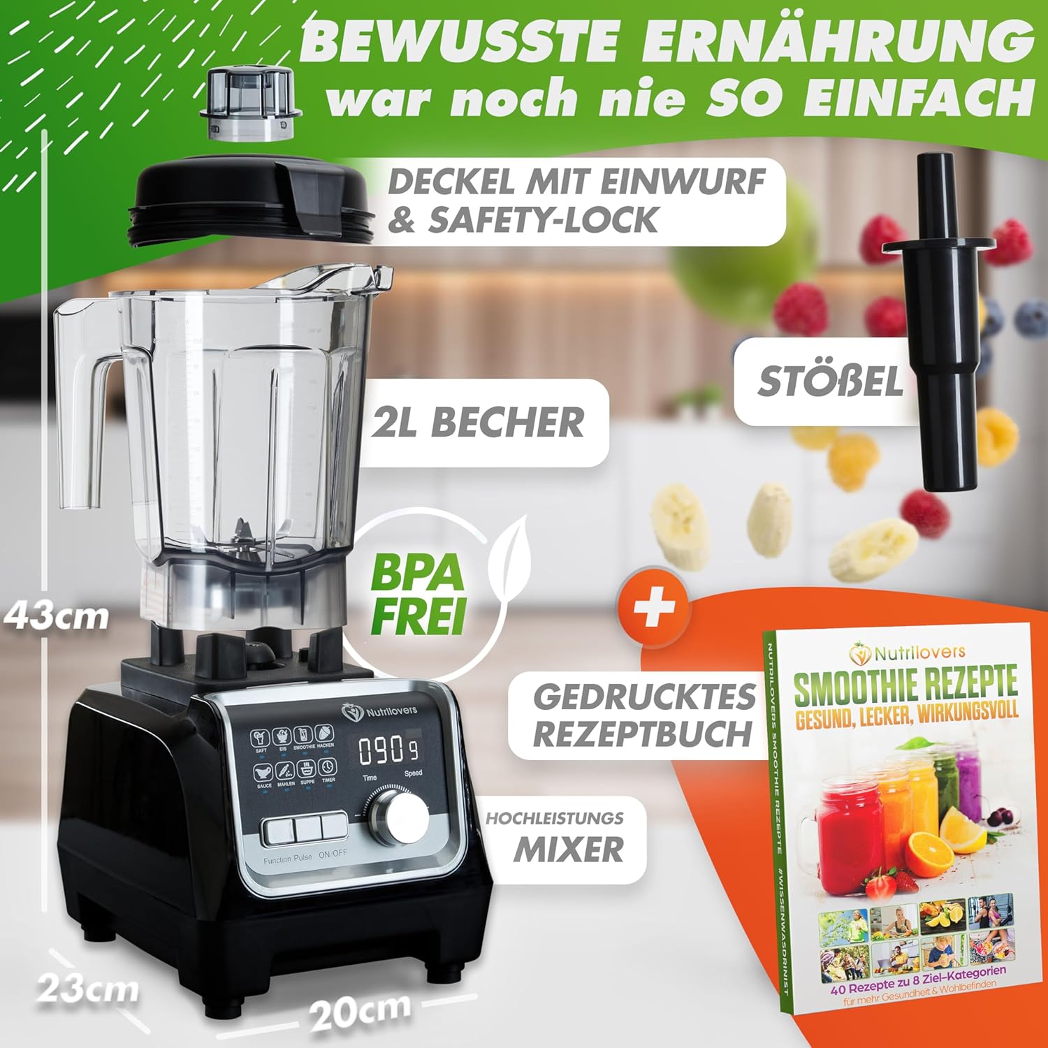 NUTRI-BLENDER MAX+ Hochleistungsmixer 2000W Standmixer Smoothie Hochleistung Smoothie-Maker Profi Mixer Blender - 2L Tritan, BPA-FREI, 9 Stufen, Digital-Timer Inkl. Smoothie Rezeptbuch