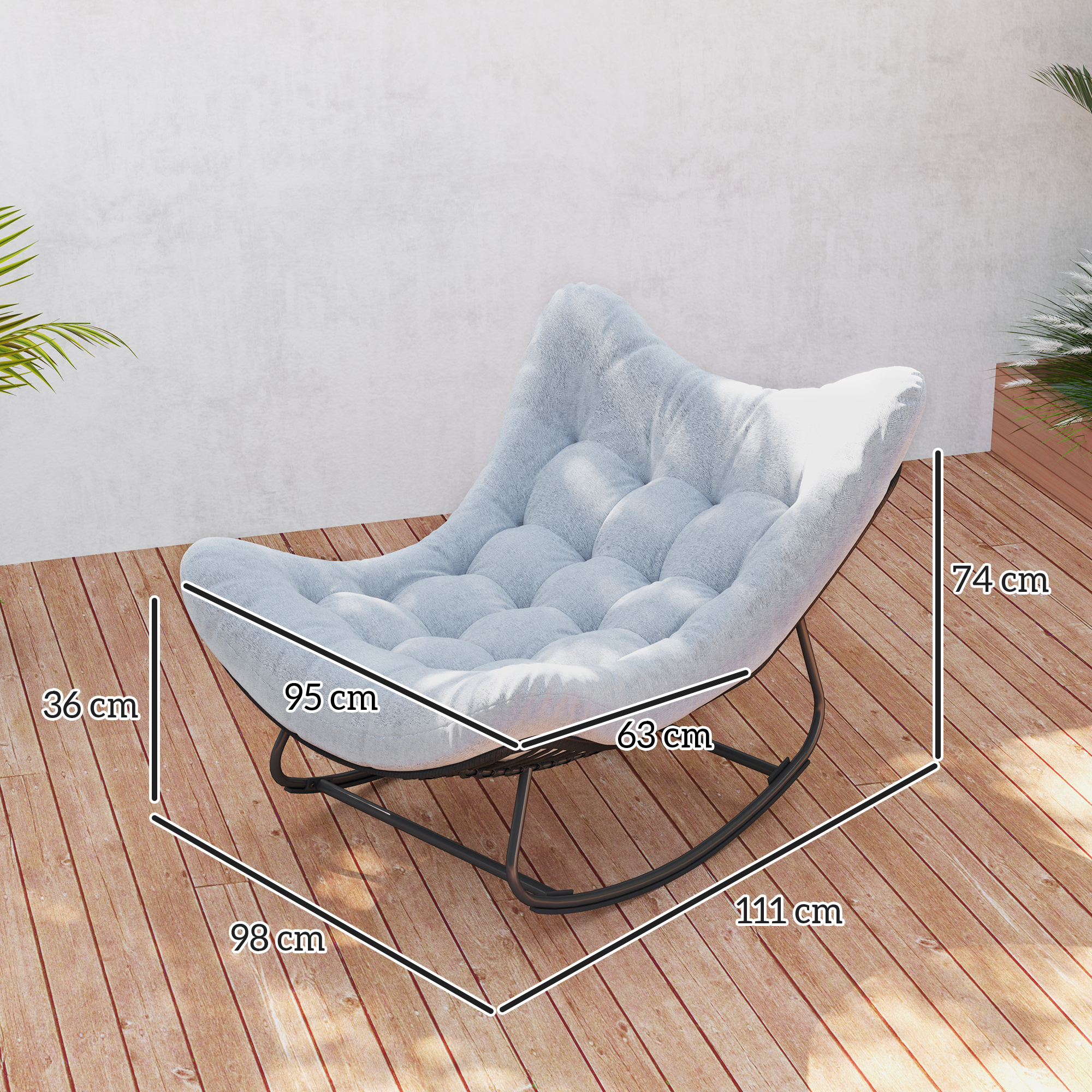 Rattan Schommelstoel Tuinbank met Stalen Frame en Kussen Schommelbank 98 x 111 x 74 cm Grijs