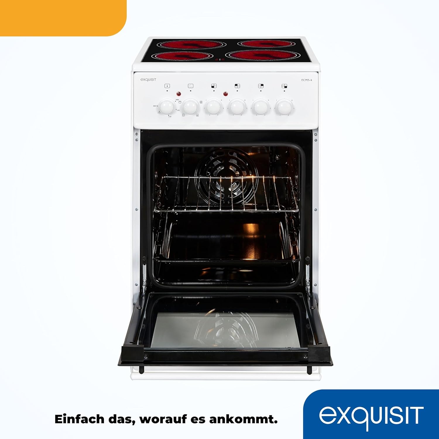 Exquisit Standherd, Standherd 50cm mit Glaskeramik Kochfeld, Ober- / Unterhitze, Backofen mit Umluft & Grill, Elektroherd freistehend 50 cm weiß, ECM 5-4-1
