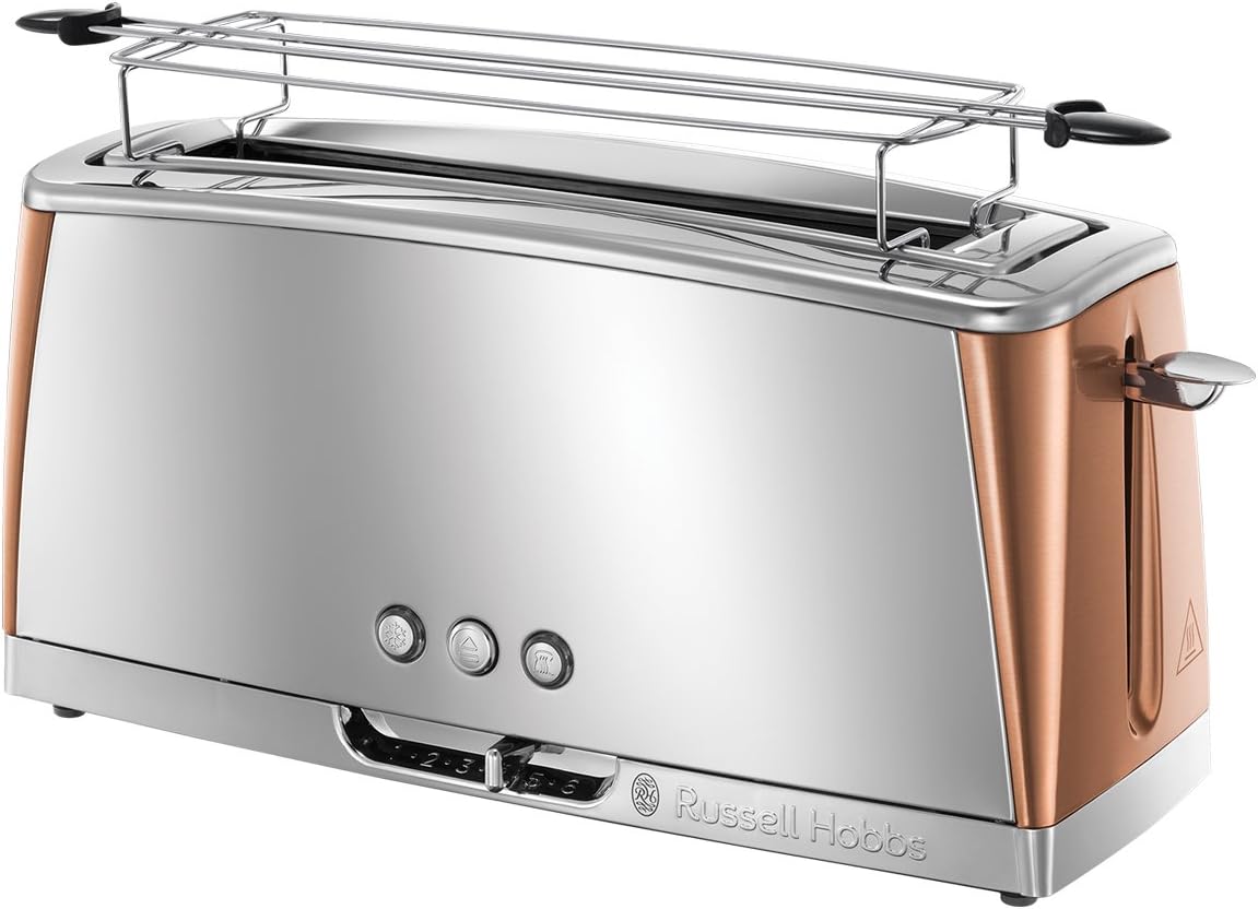 Russell Hobbs Toaster [für 2 Scheiben] Luna Edelstahl Kupfer (extra breite Toastschlitze, inkl. Brtchenaufsatz, 6 Brunungsstufen + Auftau- & Aufwrmfunktion, 1550W) 24290-56