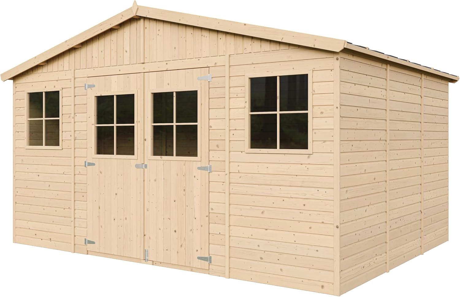 Gartenhaus Holz MIT IMPRÄGNIERTEM Boden - Geräteschuppen mit Fenstern - H246 x 418 x 320 cm/ 12 m² Naturholz-Shiplap-Schuppen - Gerätehaus - Fahrradschuppen - TIMBELA M331+331G