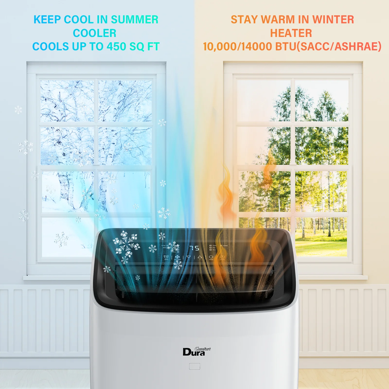2025 DuraComfort Draagbare Airconditioner �C Koeling en Verwarming, Ontvochtiger, Ventilator, SACC 10400 BTU, Ashrae 14000 BTU, Tot 450 vierkante voet, Wit