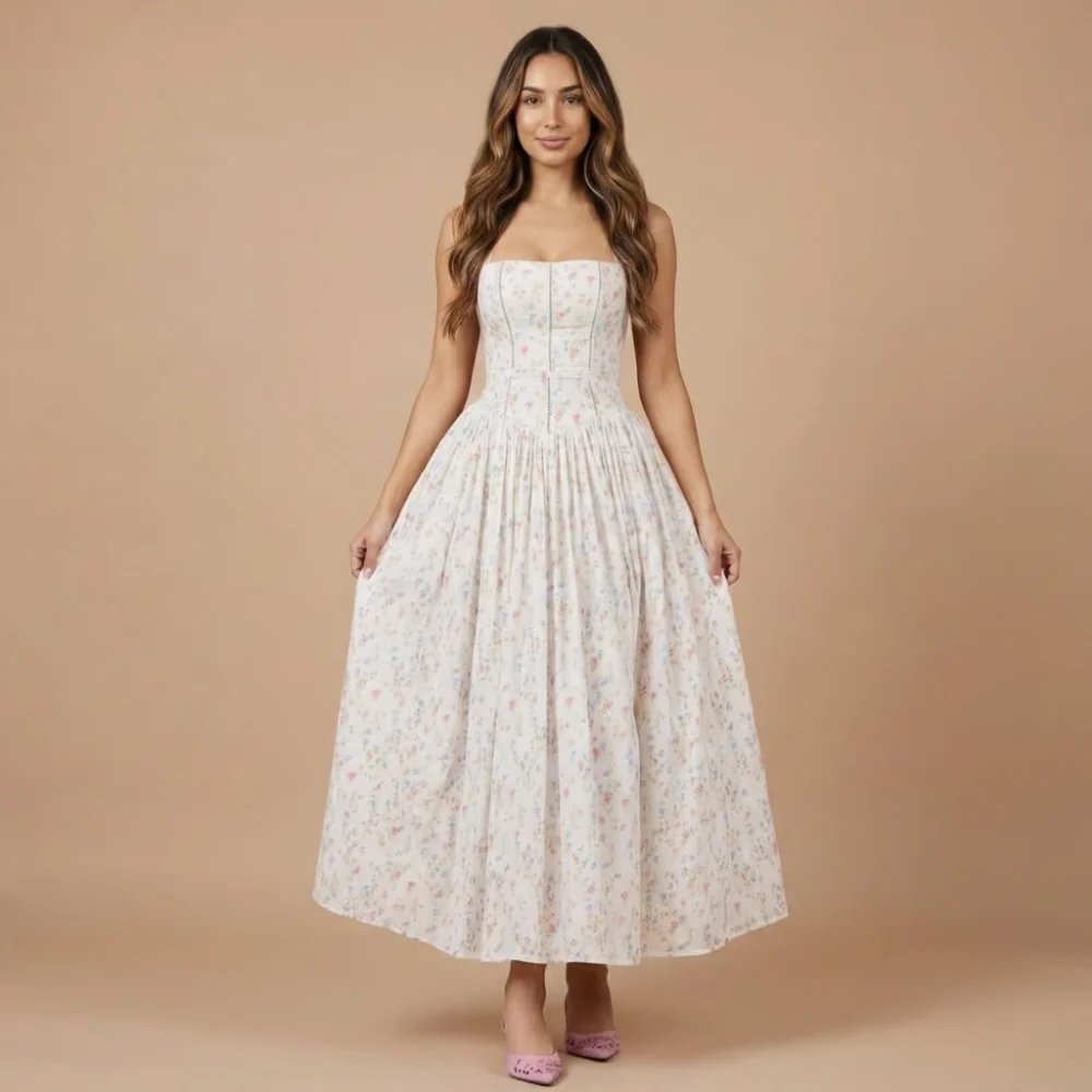 Damen Midi-Kleid mit Blumenmuster und geradem Ausschnitt f��r Hochzeitsg?ste