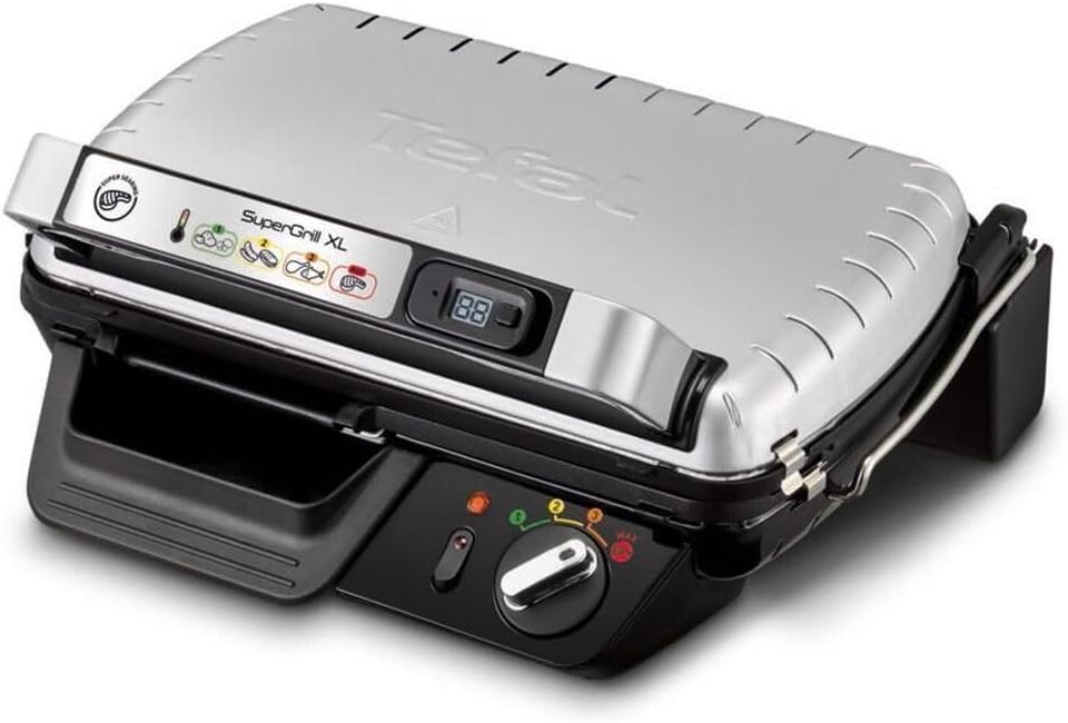 TEFAL GC461B SUPERGRILL XL grill elektryczny z timerem, 4-pozycyjny termostat, Cyfrowy timer, tryb MAX do mocnego obsmażania, moc 2400 W, powierzchnia grillowania XXL, duża tacka ociekowa, srebrny