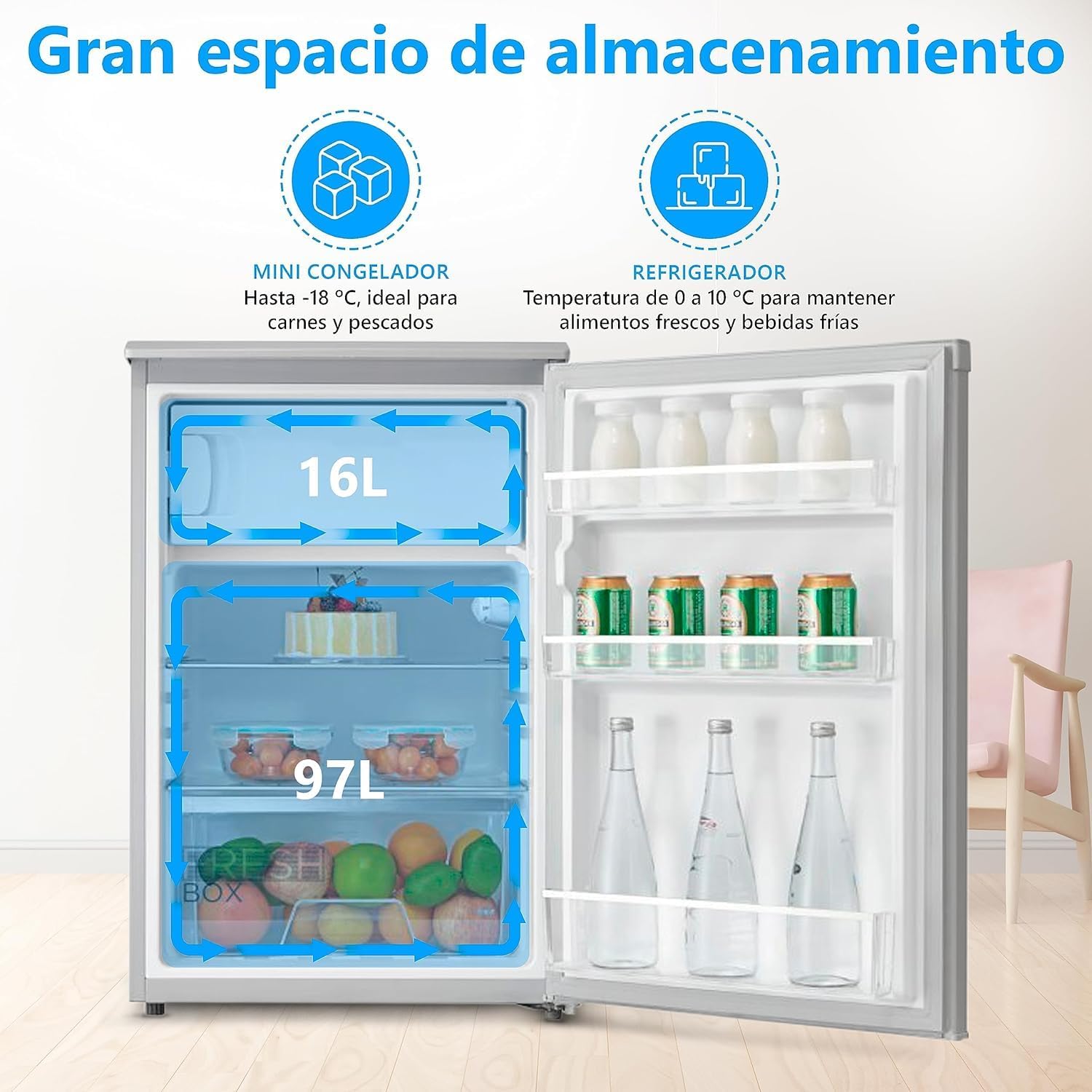 Midea 113L Frigorífico Pequeño con Congelador – Mini Frigorífico para Habitación/Caravana/Camping – Mini Bar de Bajo Consumo – Frigorífico Silencioso Bajo Mostrador 39dB + Congelador -16º/-24º