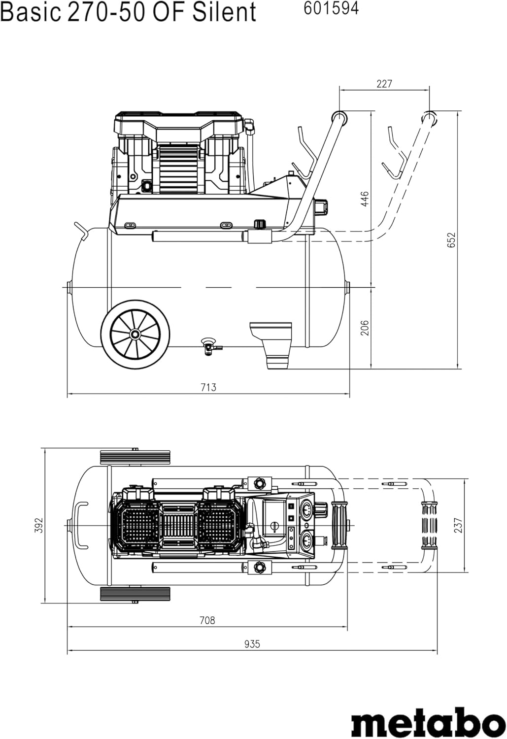 metabo Kompressor Basic 270-50 OF Silent - 50L Kessel, 10 bar Druck, 130 l/min Füllleistung - Ölfrei, leise, mobiler Werkstatt-Kompressor für Heimwerker  und  Profis - Inkl. Schnellkupplung und Zuggriff