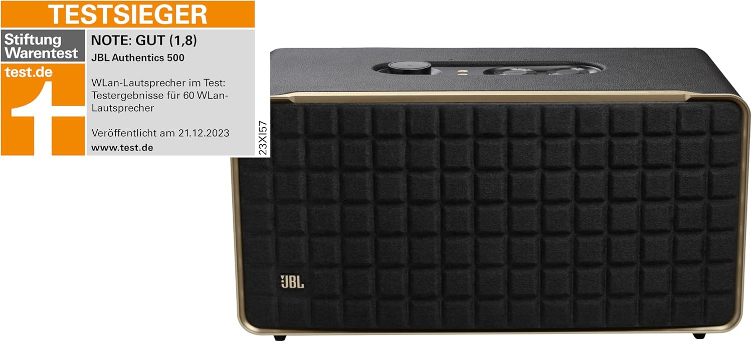 JBL Authentics 200 Smart Home Lautsprecher – 70er Jahre Retro-Design Bluetooth Box – Mit Quadrex Grill, Google Assistant, Alexa, AirPlay und JBL One App – Schwarz