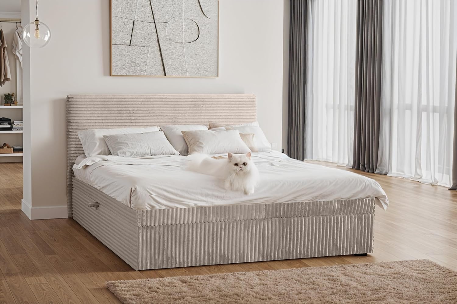 Kaiser Möbel - Bett 120x200 cm, Boxspringbett mit Bettkasten und Topper, Cord Schlafzimmerbett, Doppelbett mit Stauraum und Gepolstertes Kopfteil, Toppermatratze aus Viscoschaum - Trento - Beige