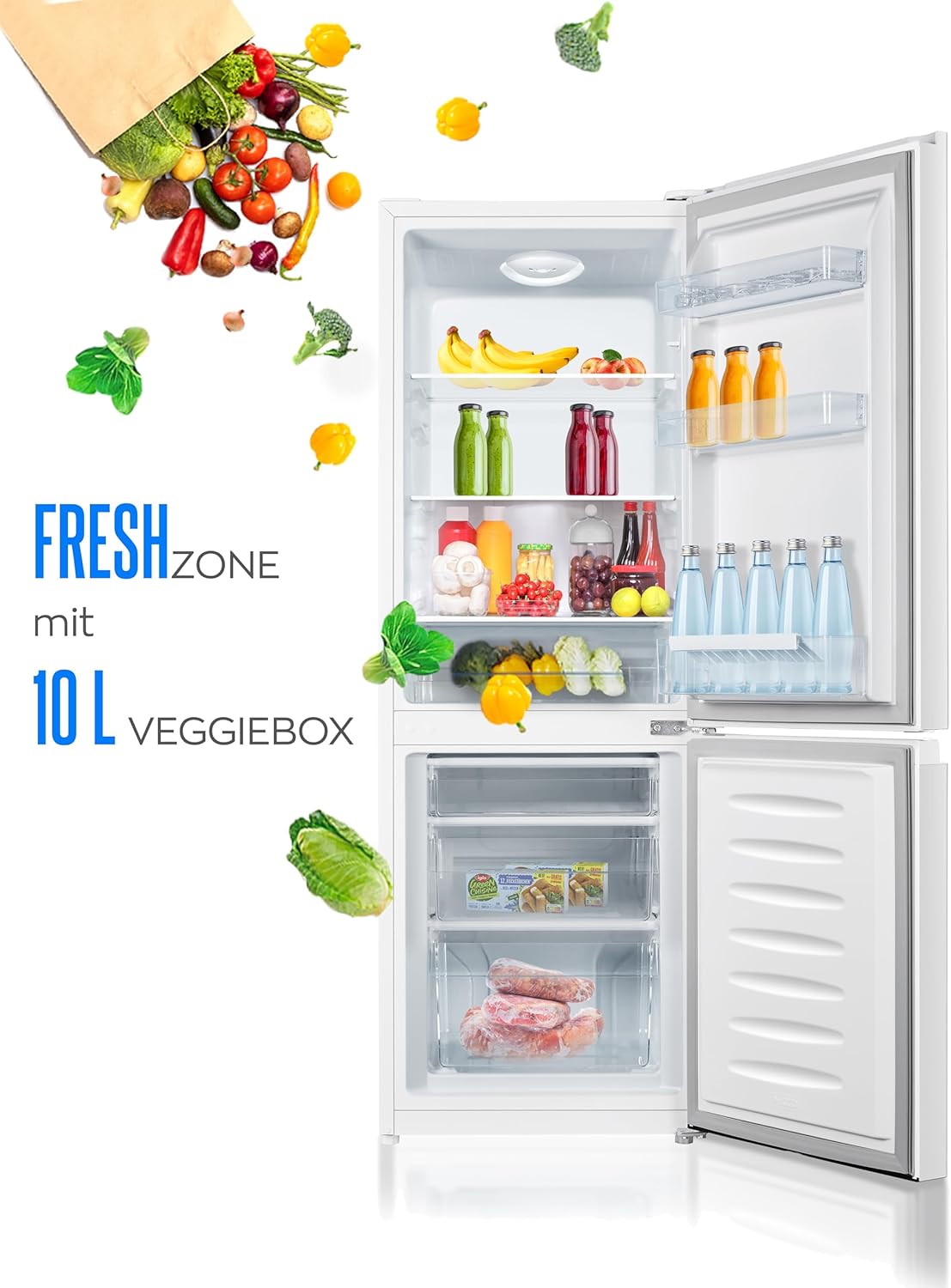 Heinrichs Fridge Freezer Combination 175 Litres, Cooling Volume 122 L, Freezer 53 L, LED Interior Lighting, Fridge Door Hinge, Changeable, Quiet 39 dB, Large Freezer Boxes, 7 Temperature Levels, inox