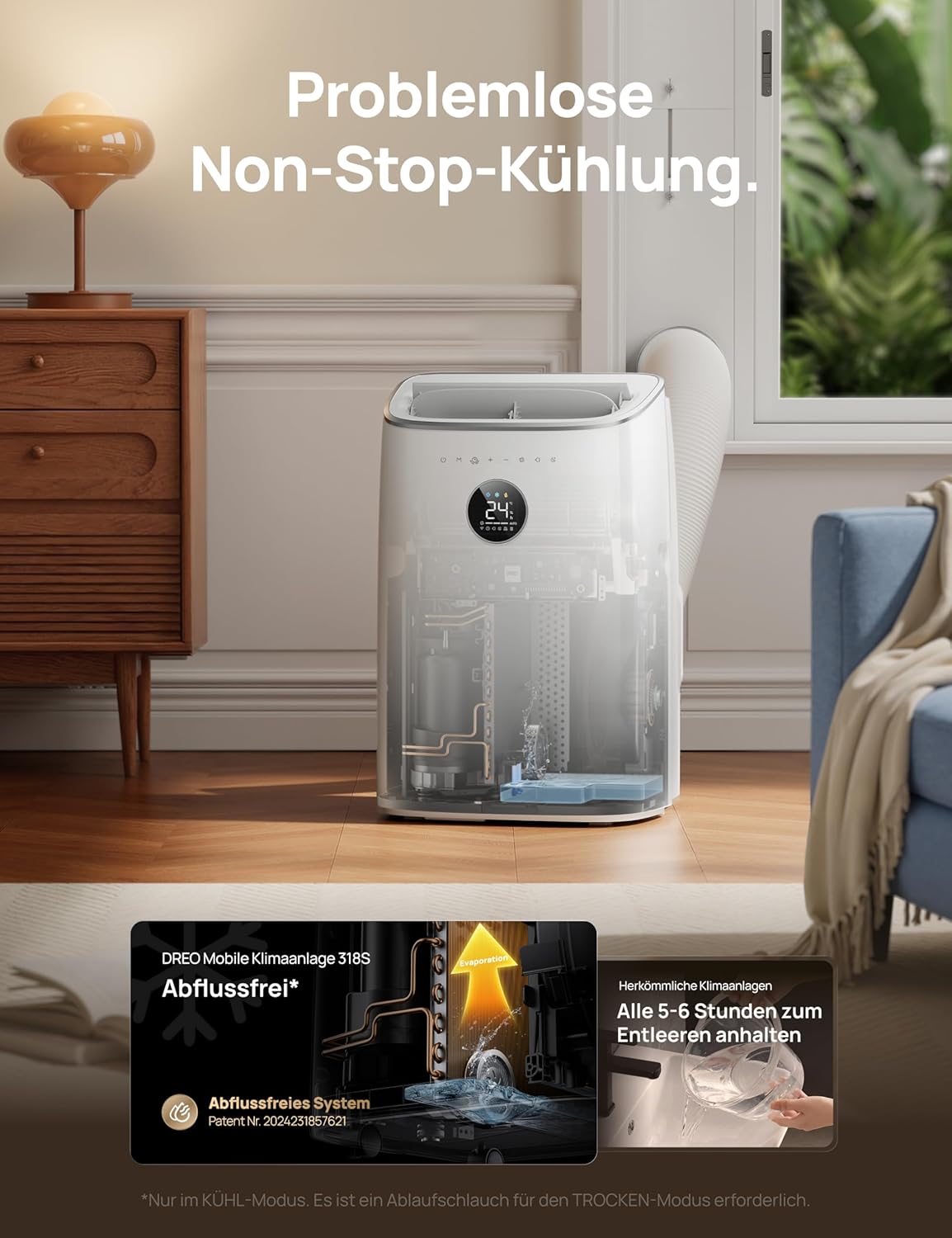DREO 7500 BTU Mobiles Klimagerät (3-in-1 Kühlen/Ventilieren/Entfeuchten), leise für Schlafzimmer/Büro, Steuerung per App/Sprachbefehl/Fernbedienung, drainagefrei, Fenster-Set, 2,5 L/h, AC318S