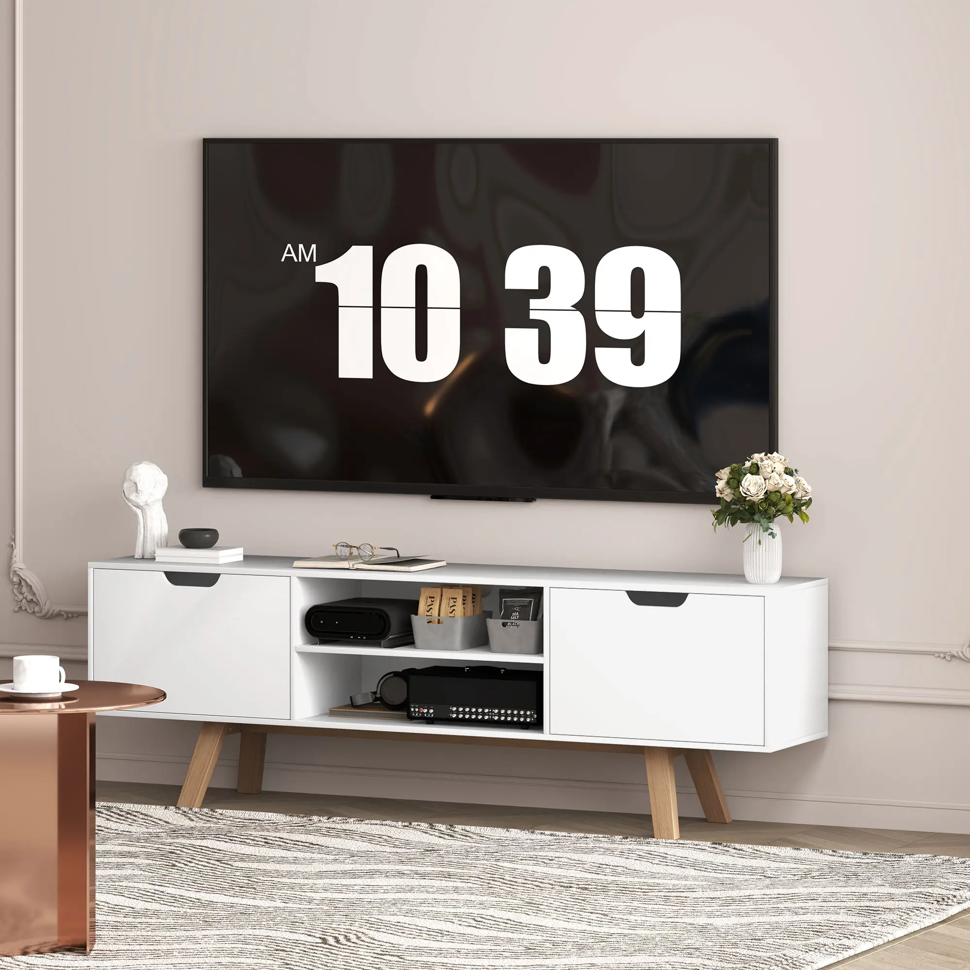 HOMCOM TV-meubel 65 inch met kabelbeheer en 2 kasten Wit