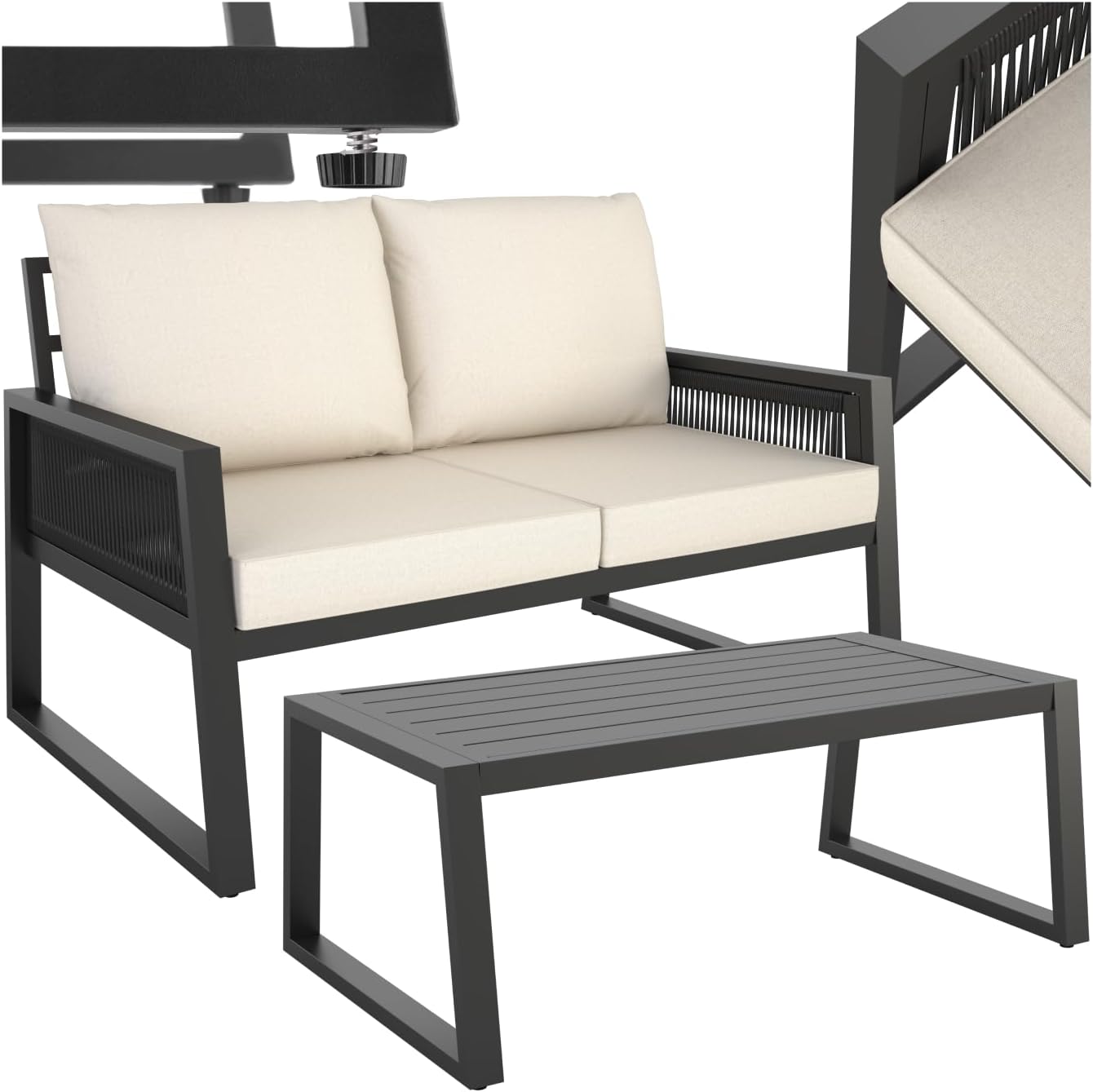 tectake® Rope Design Lounge Möbel Set für Garten oder Balkon, Aluminium Outdoor Sitzgruppe Terrassenmöbel mit Sofa und Tisch in Holz Optik, inkl. Gartenmöbel-Kissen, wetterfest