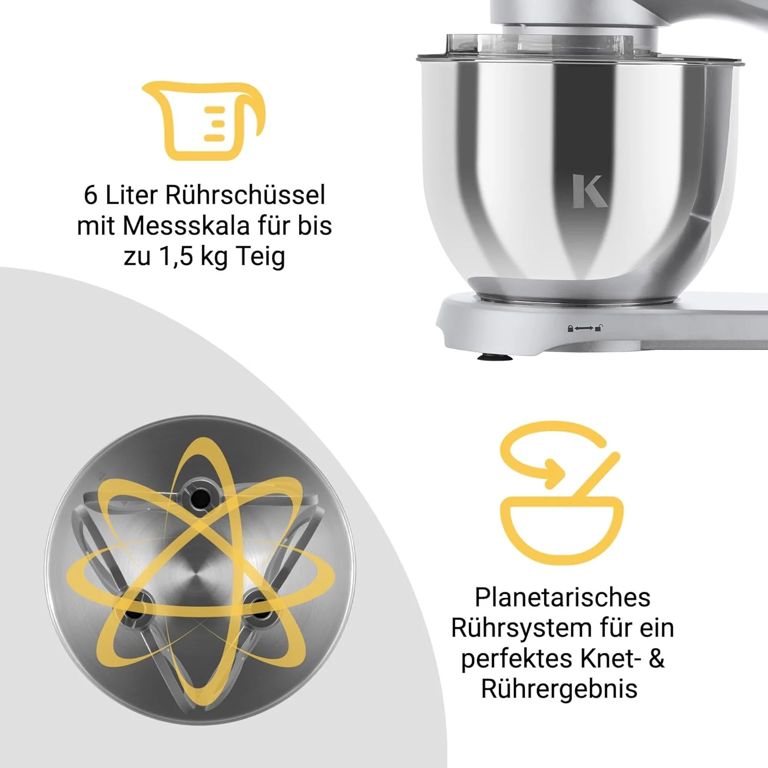 KLAMER Keukenmachine 1800W, Kneedmachine met 6 Liter RVS Kom, 10 Snelheidsstanden met Timer, Klopper, Deeghaak, Garde en Spatdeksel