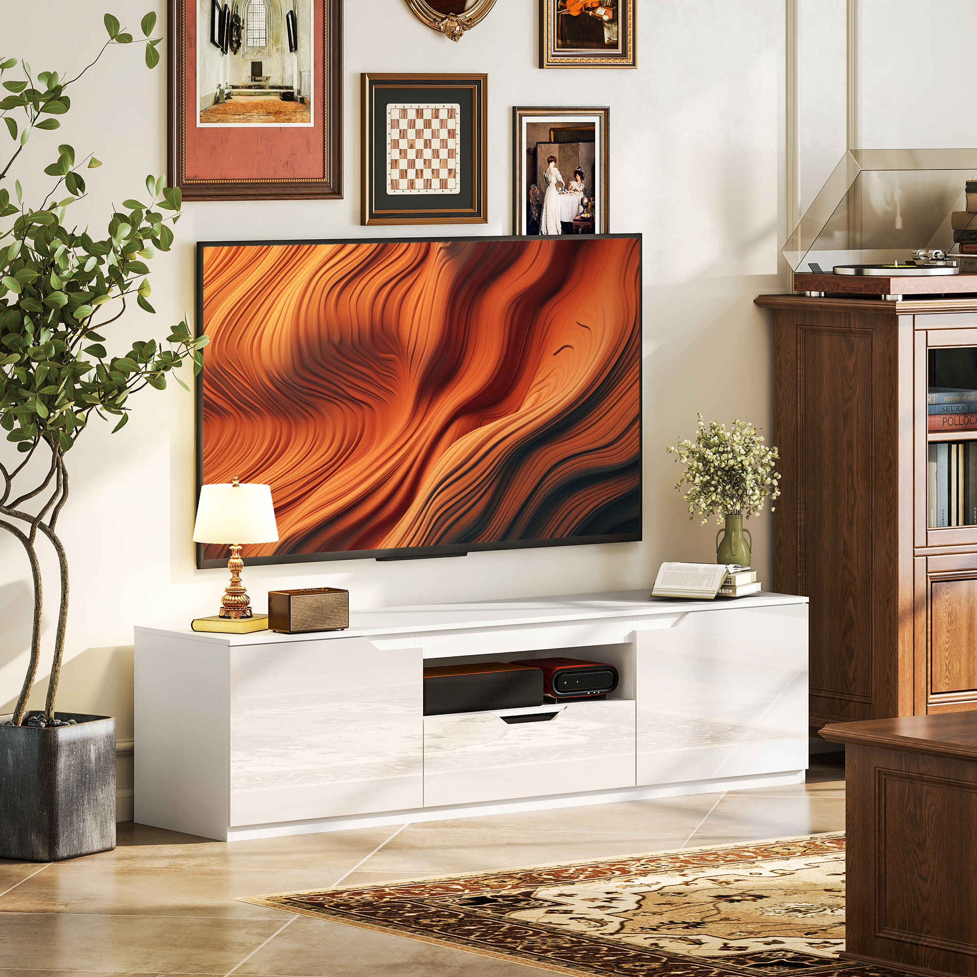 Tv-meubel in Hoogglans, voor tv's tot 65'', 3 compartimenten, lade, 160 x 38 x 43 cm, Wit