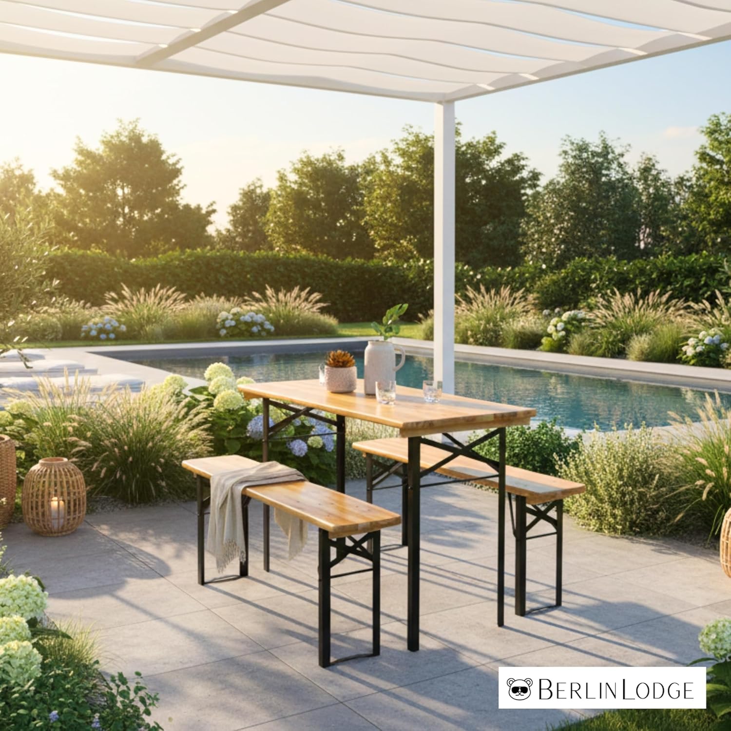 CHEFGASTRO Bierzeltgarnitur Wiesn klein & klappbar 116 cm breit 3-teilig 1x Tisch & 2X Bierbank, lackiertes Holz, Festzeltgarnitur kurz Gartenmöbel-Set Kinder Sitzgarnitur Innen & Außenbereich