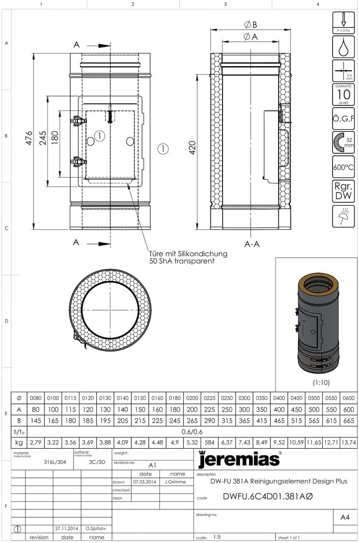 Jeremias DW-FU Revisionselement Design Plus 225mm Doppelwand Edelstahl für Außenbereich bis 600°C N1 Abgassystem