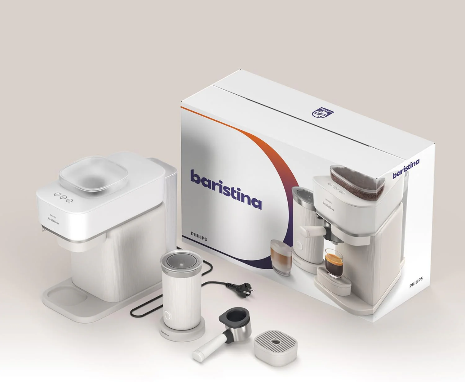 Philips Baristina Espressomaschine - Real Espresso- made simple. Kompakte Kaffeemaschine- Naturwei? mit wei?em Siebtr?ger- 16-bar-Pumpendruck- automatisches Mahlwerk- Cafe Crema (BAR300/00)