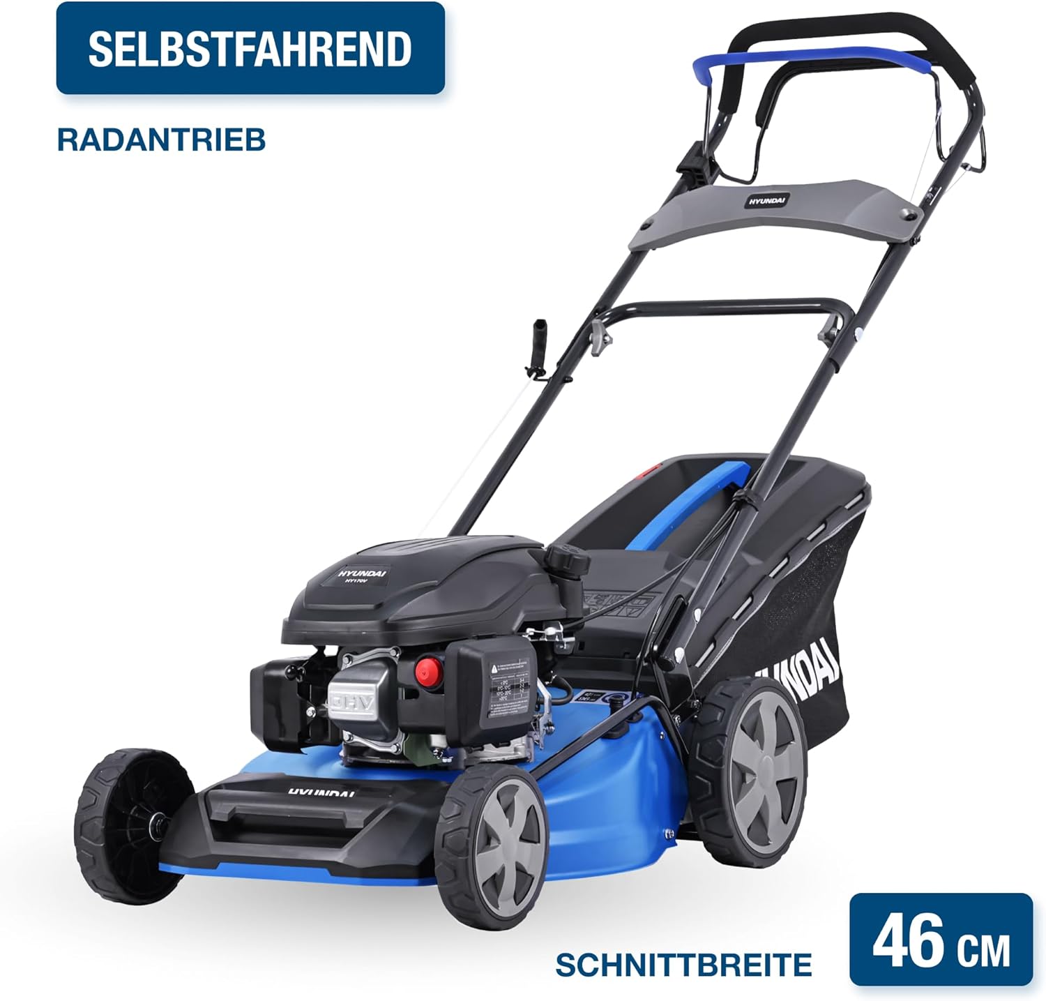 HYUNDAI Benzin Rasenmäher LM4622G, Radantrieb, Mulchfunktion, starker 3.9PS Motor mit 170cc, 46 cm Schnittbreite, 65L Korb, Benzinmäher, Mulcher