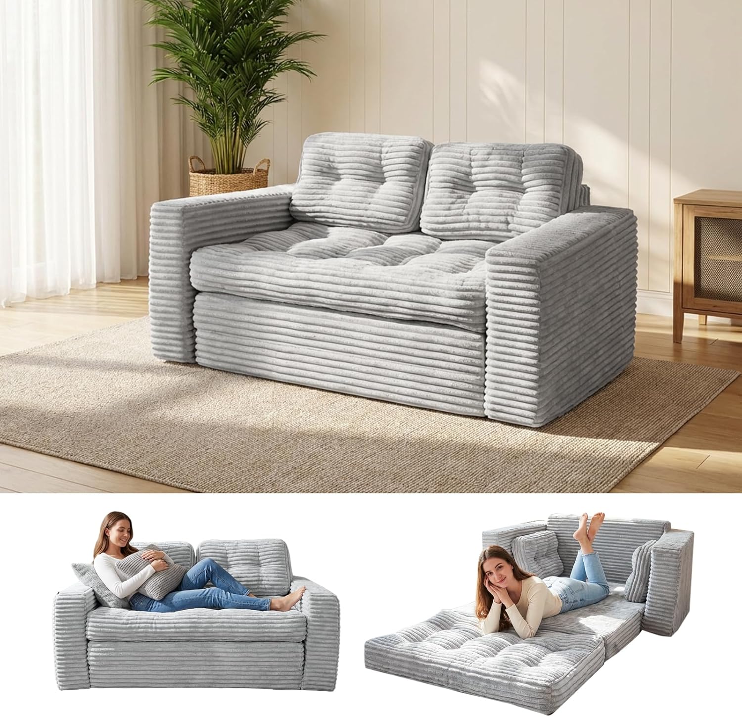 Bodensofa Schlafsofa Bed mit Pillow Back Support Armrest 140 cm Breit Klappbar Sofa 2-in-1 Design für Wohnzimmer, Schlafzimmer und Gästezimmer Grau