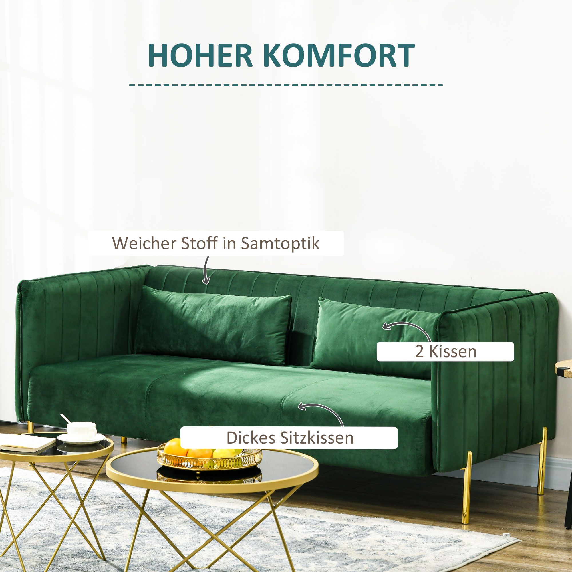 3-zitsbank, inclusief 2 kussens, fluwelen look, retro design, afneembare hoes, 195 cm x 88 cm x 76 cm groen