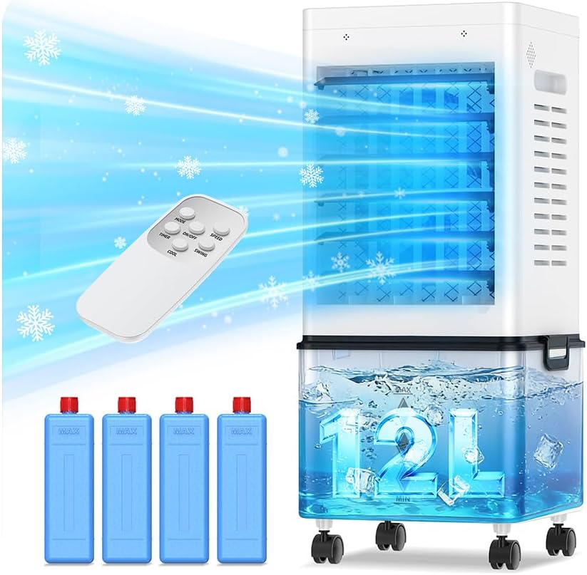 Klimaanlage Mobil 45W, Tragbarer Luftkühler3-seitiger Lufteinlass, 6 Modi, Verdunstungskühler mit 12L Abnehmbarem Tank, 24h Timer, 60/120° Oszillation, Leise, Fernbedienbar, für Zuhause & Schlafzimmer