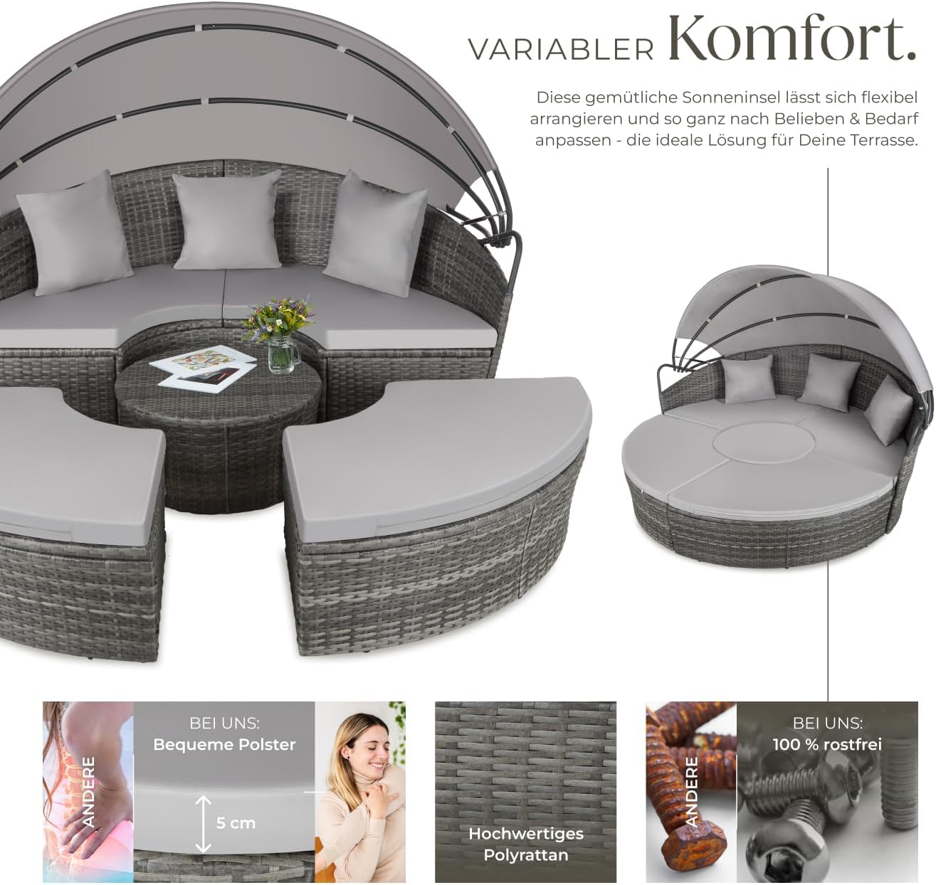 tectake® Lounge Muschel Sonneninsel Outdoor wetterfest, Gartenmuschel, Sonnenliege 2 Personen und mehr, multifunktionales Terrasse oder Balkon Möbel, Gartenliege wetterfest - grau