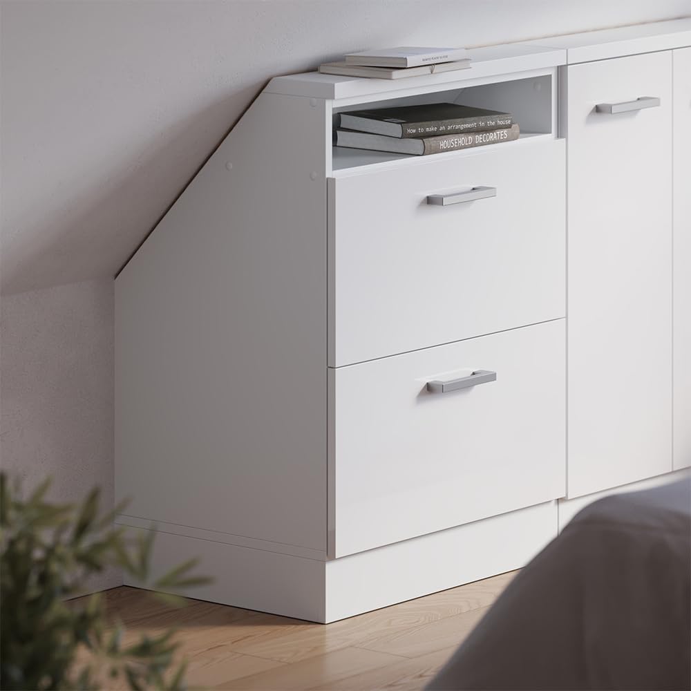 Vicco Dachschrägenschrank Rion, Weiß Hochglanz/Weiß, mit 2 Schubladen