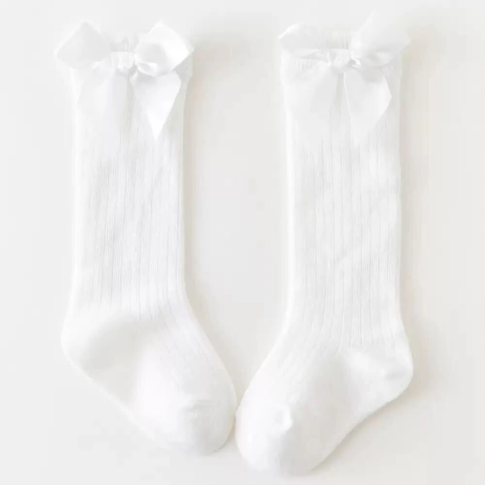 White Cotton/Poly Lace Knee High Socks with Bow