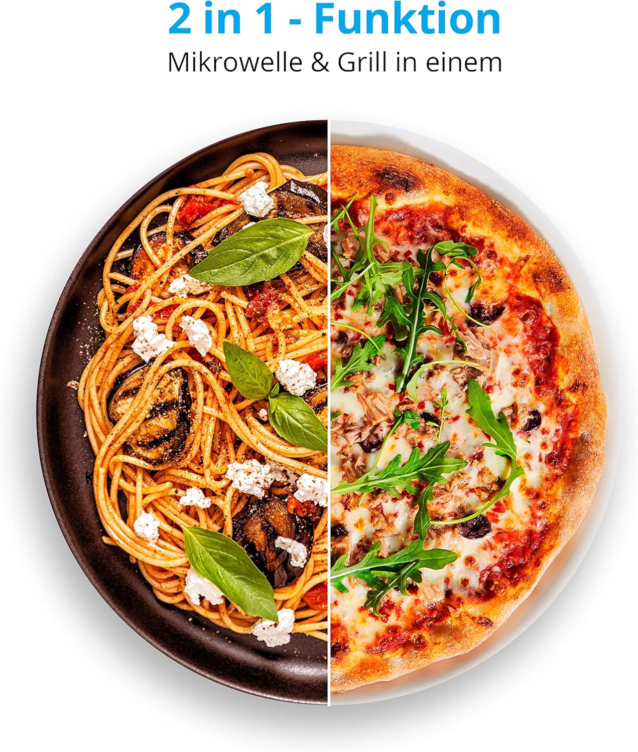 MEDION MD 14482 Mikrowelle mit Grill / 20L Garraum / 8 Automatikprogramme/Auftaufunktion / 800 Watt Mikrowellen- und 1000 Watt Grillleistung/Zeitschaltuhr/Grillrost/silber/schwarz