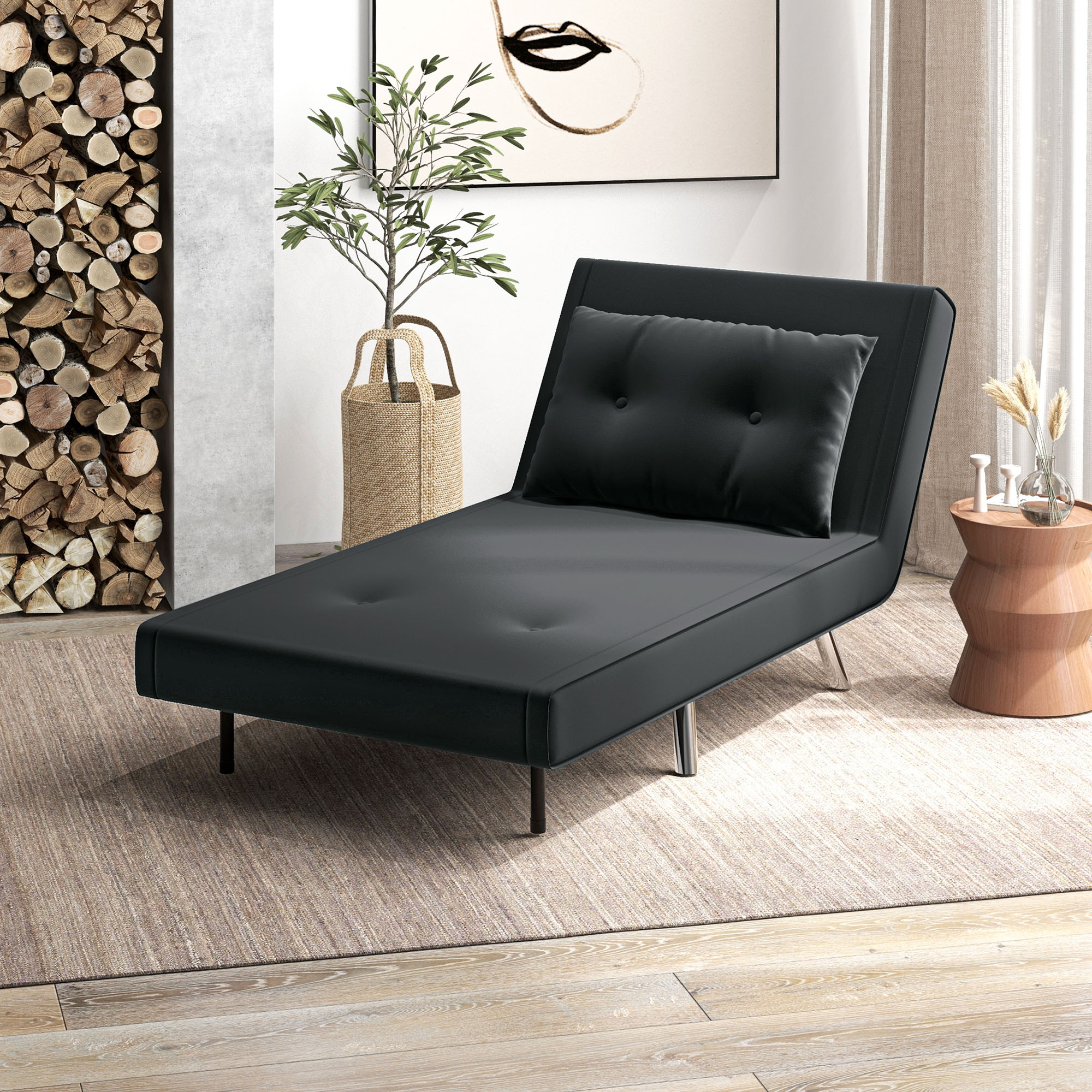 Ligstoel Stoel met Ligfunctie Slaapstoel, Knoophechting, fluweeloptiek, 77 cm x 88 cm x 83 cm, Zwart