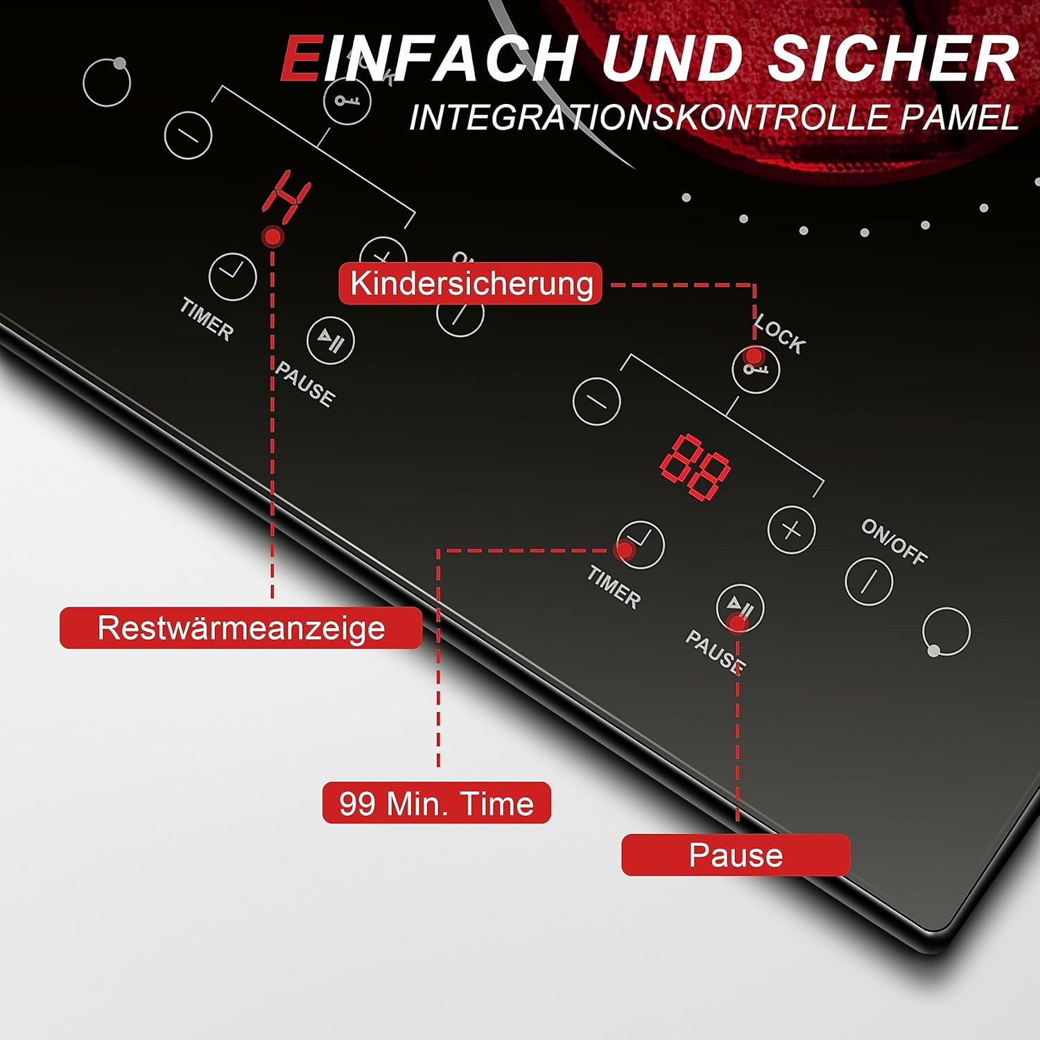 Glaskeramikkochfeld 4 Zonen Kochfelder Sensor-touch Control Kochfeld Autark 60cm, 6000W, 9 Leistungsstufe, verkabelt, kein Stecker