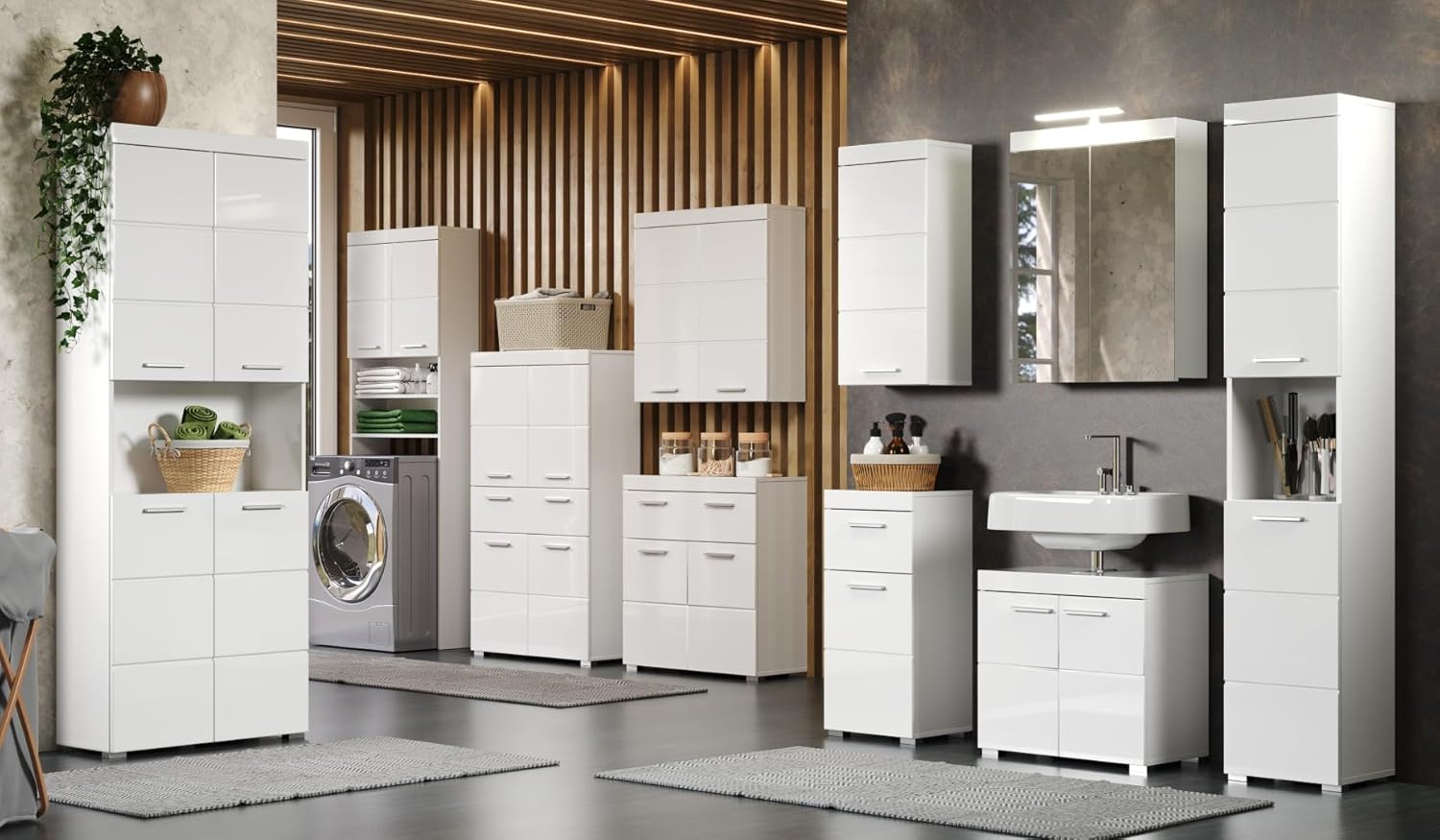 trendteam smart living - Amanda - Hochschrank - Weiß Hochglanz - Badezimmerschrank breit mit 4 höhenverstellbaren Einlegeböden - (BxHxT) 73 x 130 x 31 cm - 4 Fächer und eine große Schublade